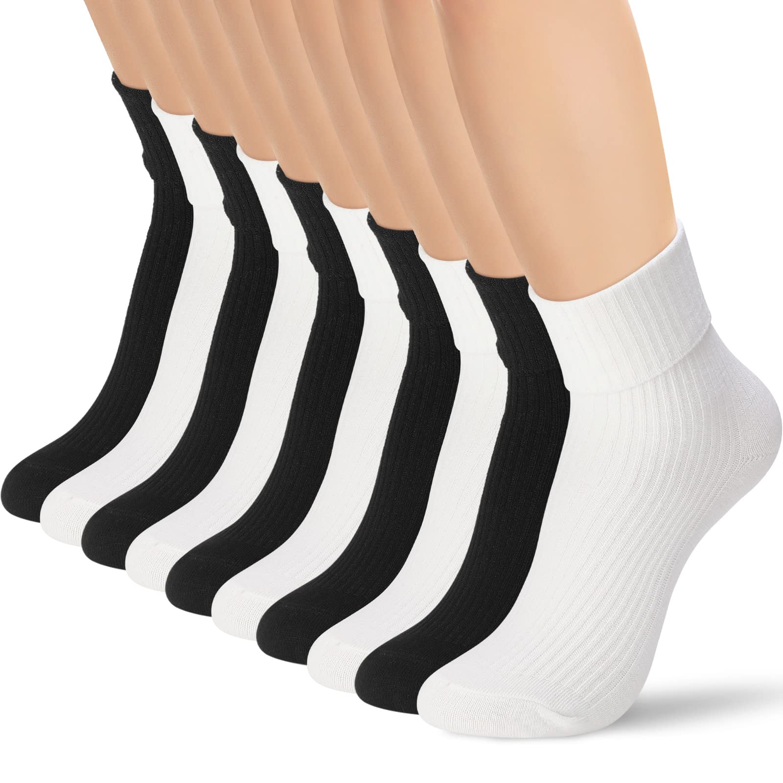 Geyoga 10 Pack Women's Vintage Bobby Socks - 50s Style Crew Socks with Turn Cuff - Retro Costume Accessories for Sock Hop, Halloween & Rockabilly Outfits