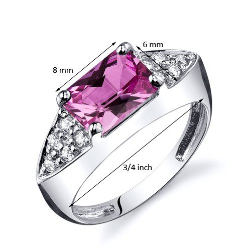 Peora Sterling Silver Pink Sapphire Statement Ring - Elegant Linear Design, Radiant Cut 8x6mm (2 Carats Total), Comfort Fit Size 5-9 - Perfect for Weddings, Anniversaries & Special Occasions
