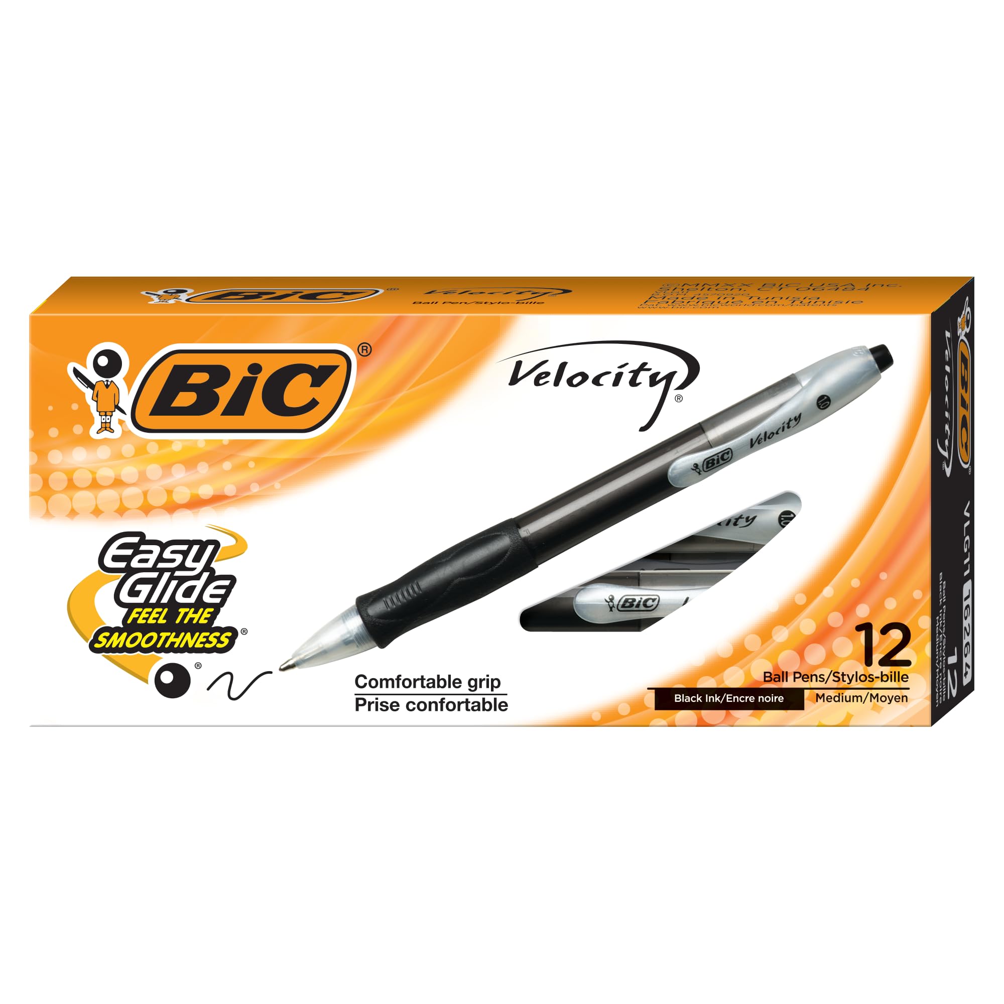 BIC Velocity Retractable Ballpoint Pens - Medium Point 1.0mm, Black Ink, 12-Pack with Comfortable Grip - Ideal for Office, School, Note Taking & Everyday Writing