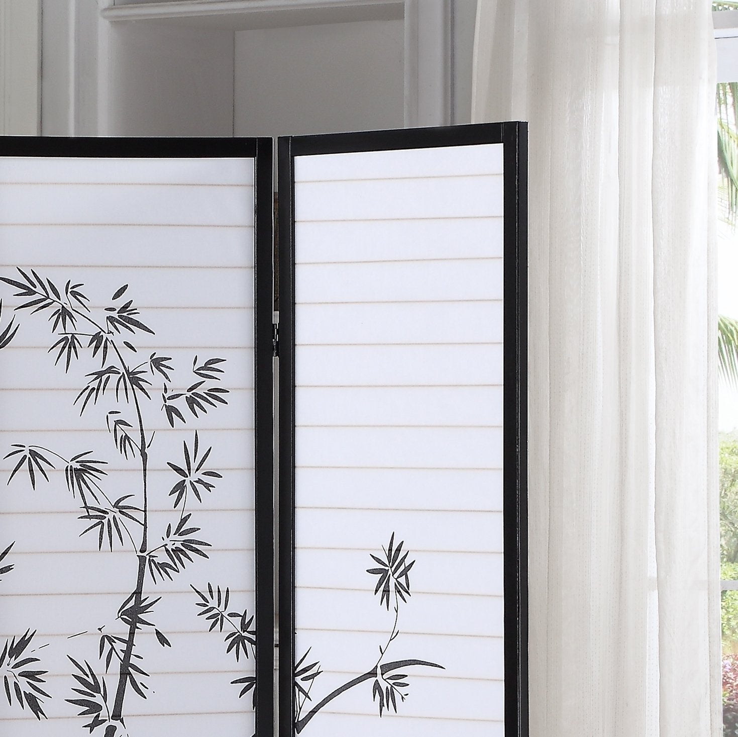 Roundhill Furniture Bamboo Print 4 Panel Folding Room Divider Screen - Handcrafted Asian Style Privacy Partition for Home, Office & Event Decor