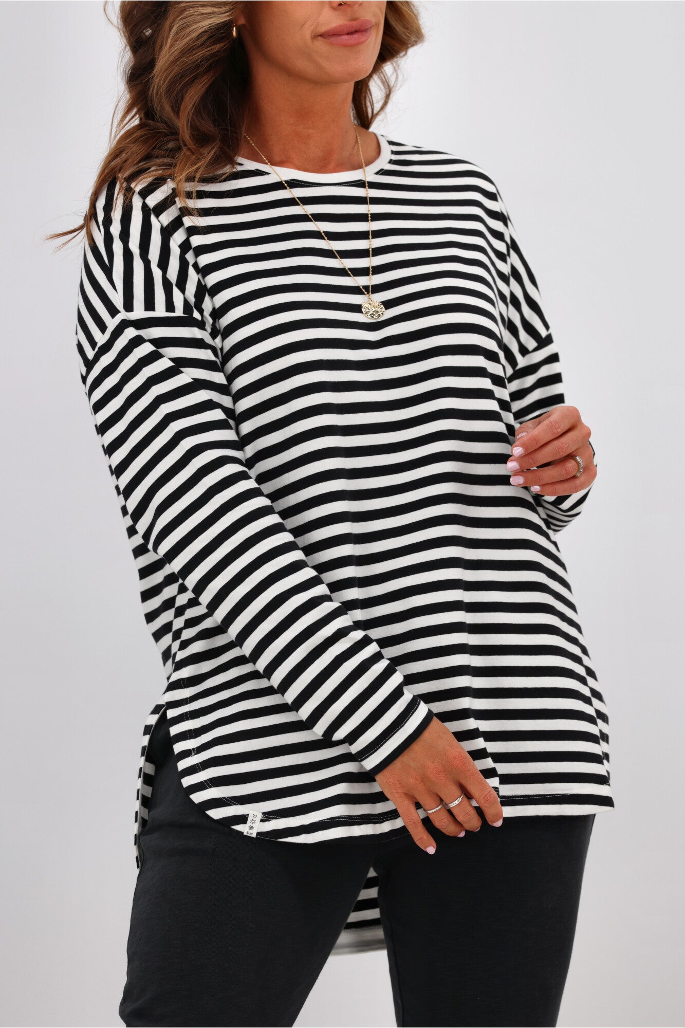 Elm Lauren Long Sleeve T-Shirt - Black & White Striped Cotton Tee for Men & Women | Casual Wear, Layering, Everyday Outfits