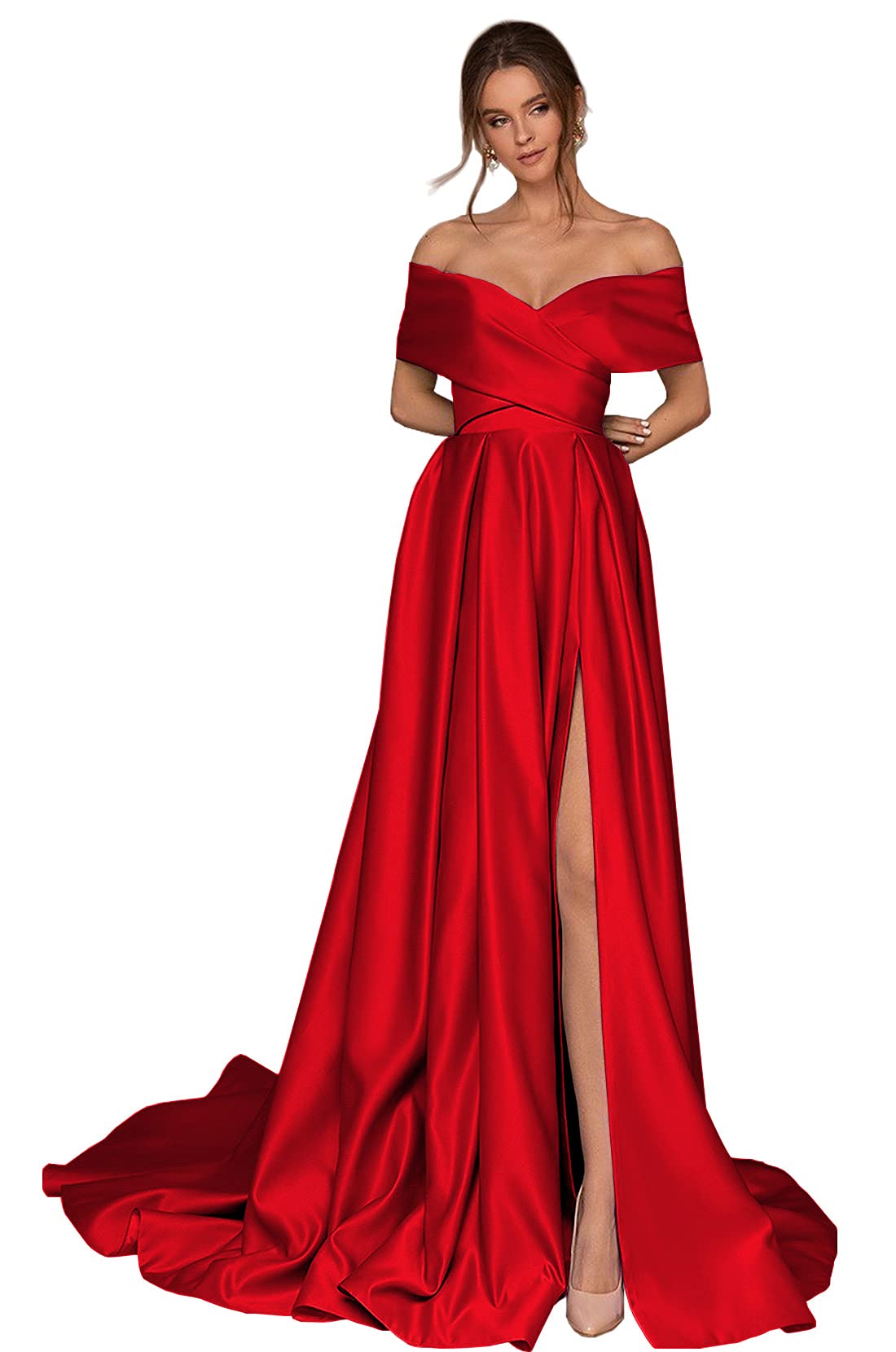 ZMOVQA Women's Off The Shoulder Satin Prom Dress with Slit, A-Line Lace Up Corset Back Long Formal Evening Gown for Homecoming, Wedding Guest, and Special Occasions