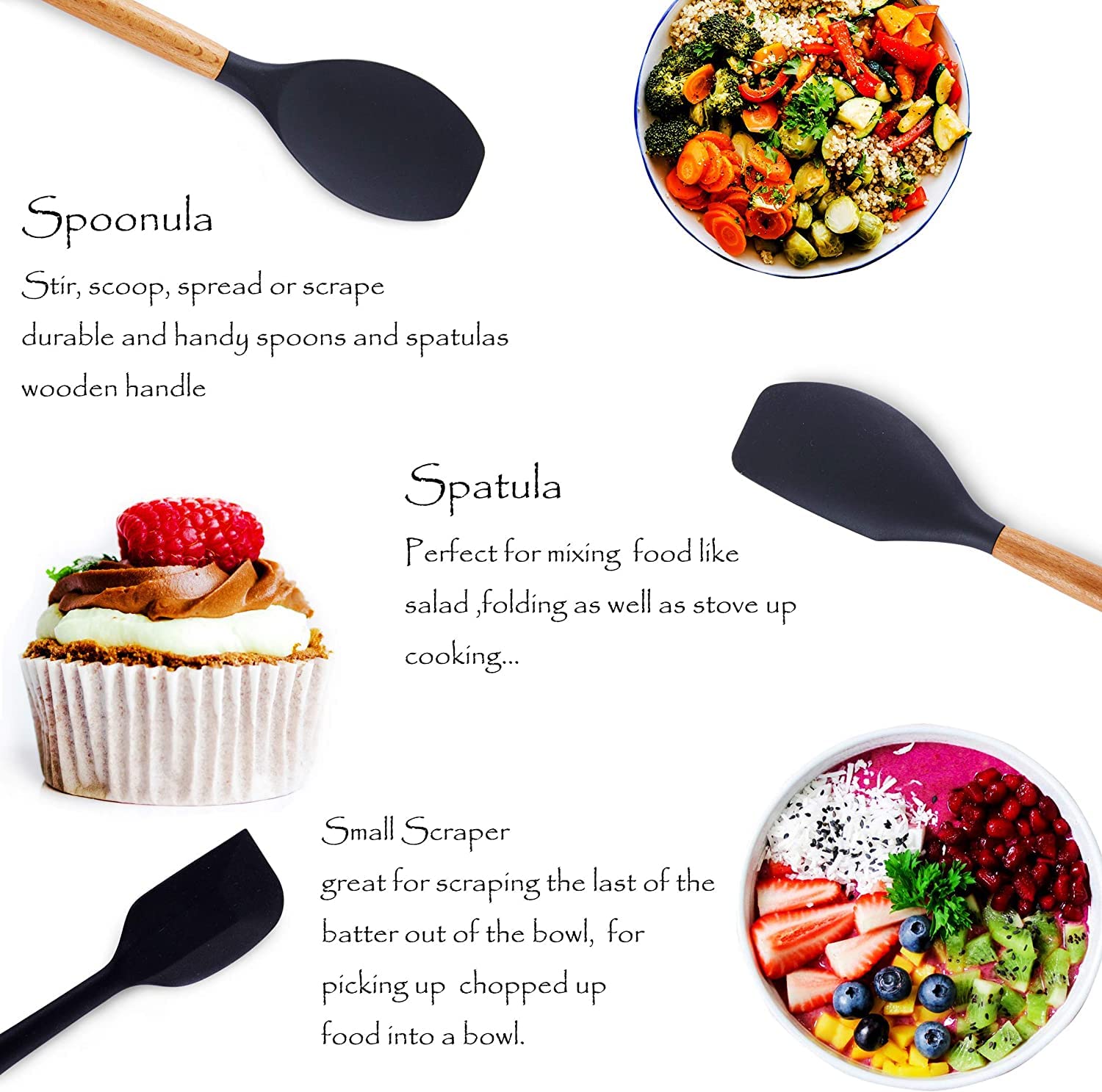 Heat Resistant Silicone Spatula Set with Wooden Handle - Nonstick Kitchen Utensils for Baking, Cooking & Mixing - Gray Rubber Scrapers Perfect for Non-Stick Cookware, Cake Decorating & Food Prep