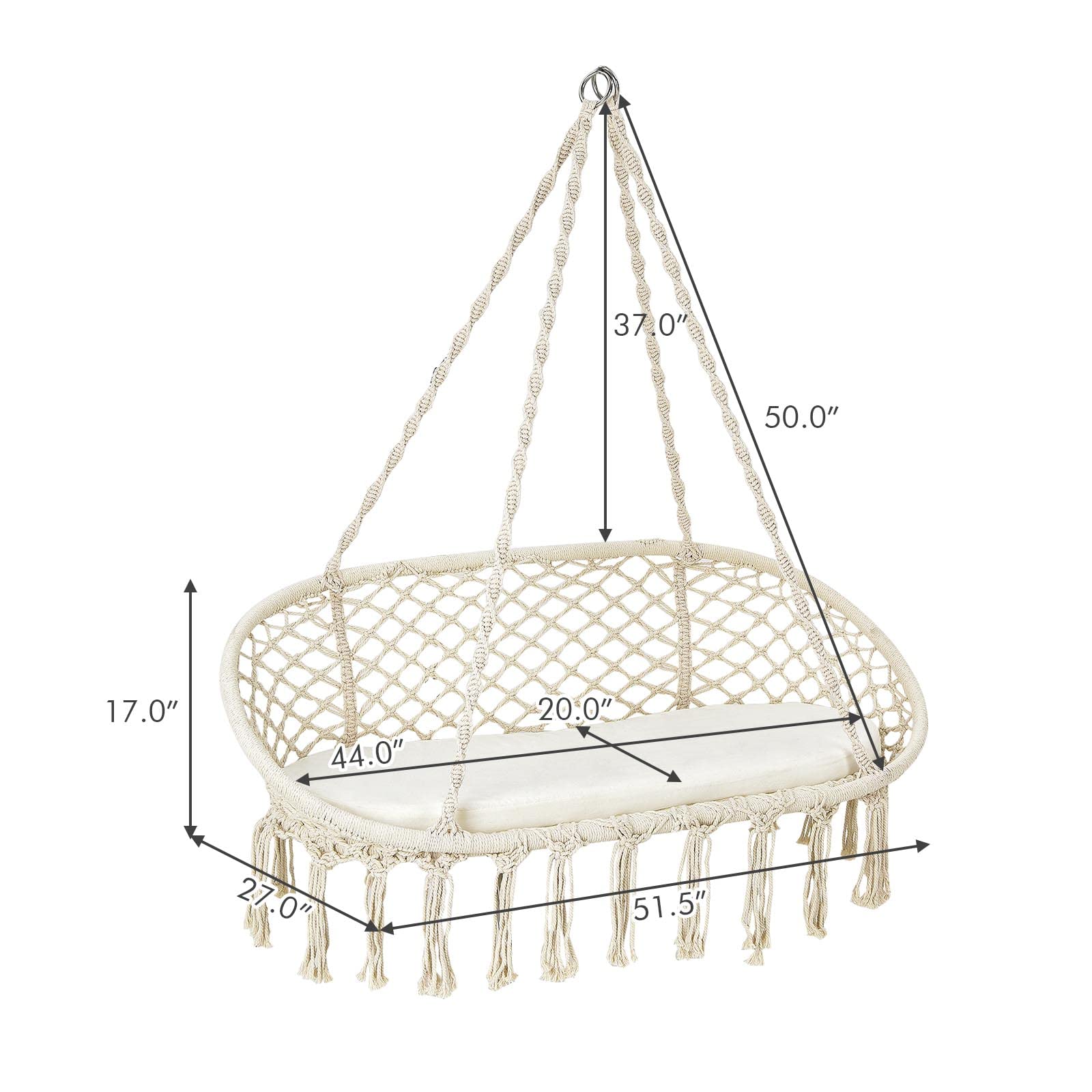 Giantex 2-Person Macrame Hammock Chair with Cushion - 440 lbs Capacity Cotton Rope Hanging Swing Chair with Metal Frame - Perfect for Indoor, Patio, Balcony & Living Room Relaxation - Ideal for Reading, Lounging & Outdoor Leisure Spaces