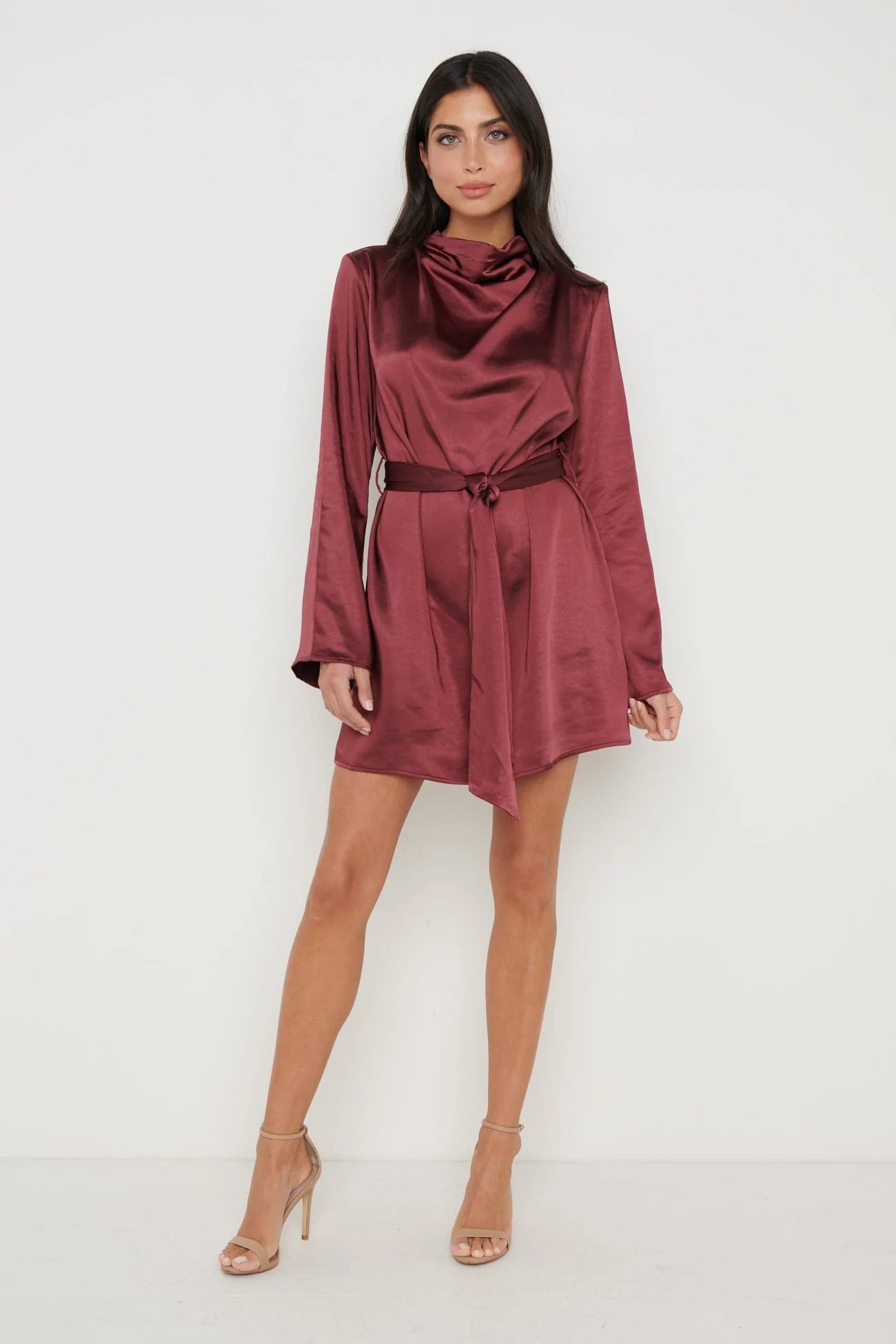 Jayda Cowl Neck Dress in Wine Red - Elegant Long Sleeve Wrap Dress for Women | Perfect for Office Wear, Date Night & Special Occasions
