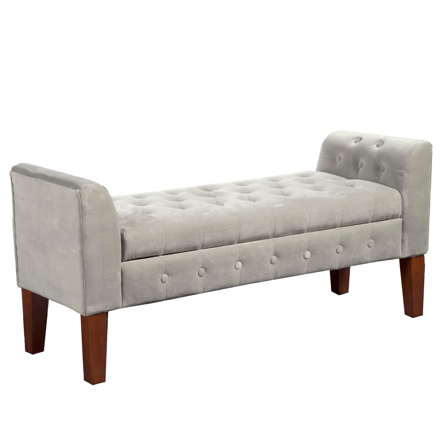 HomePop Velvet Tufted Storage Bench with Hinged Lid - Grey Upholstered Ottoman Settee for Bedroom, Living Room & Entryway Storage Solution