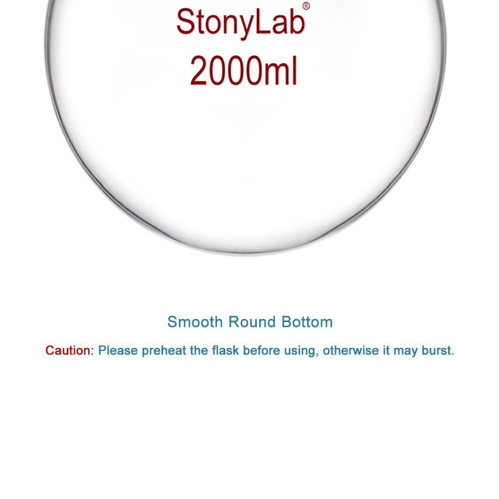StonyLab 2000ml Borosilicate Glass Short Neck Round Bottom Flask - Heavy Wall Single Neck RBF with 24/40 Standard Taper Joint - Ideal for Chemistry Lab, Distillation & Scientific Experiments