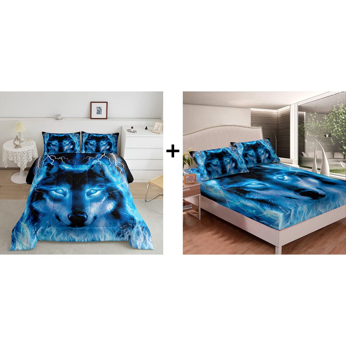 6PCS Wolf Themed Bedding Set - Full Size Comforter with Blue Lightning Wolf Design, Includes Fitted Sheet - Perfect for Teen Boys' Bedroom Decor & Wolf Lovers
