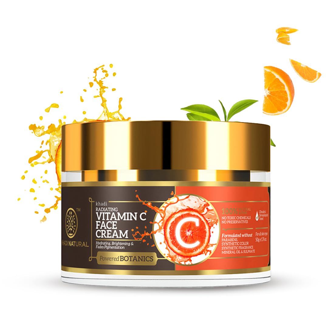 Khadi Natural Vitamin C Face Cream - Hydrating & Brightening for Dark Spots, Dull & Aging Skin | Botanically Powered | All Skin Types | 50g | Perfect for Daily Skincare Routine & Nighttime Repair