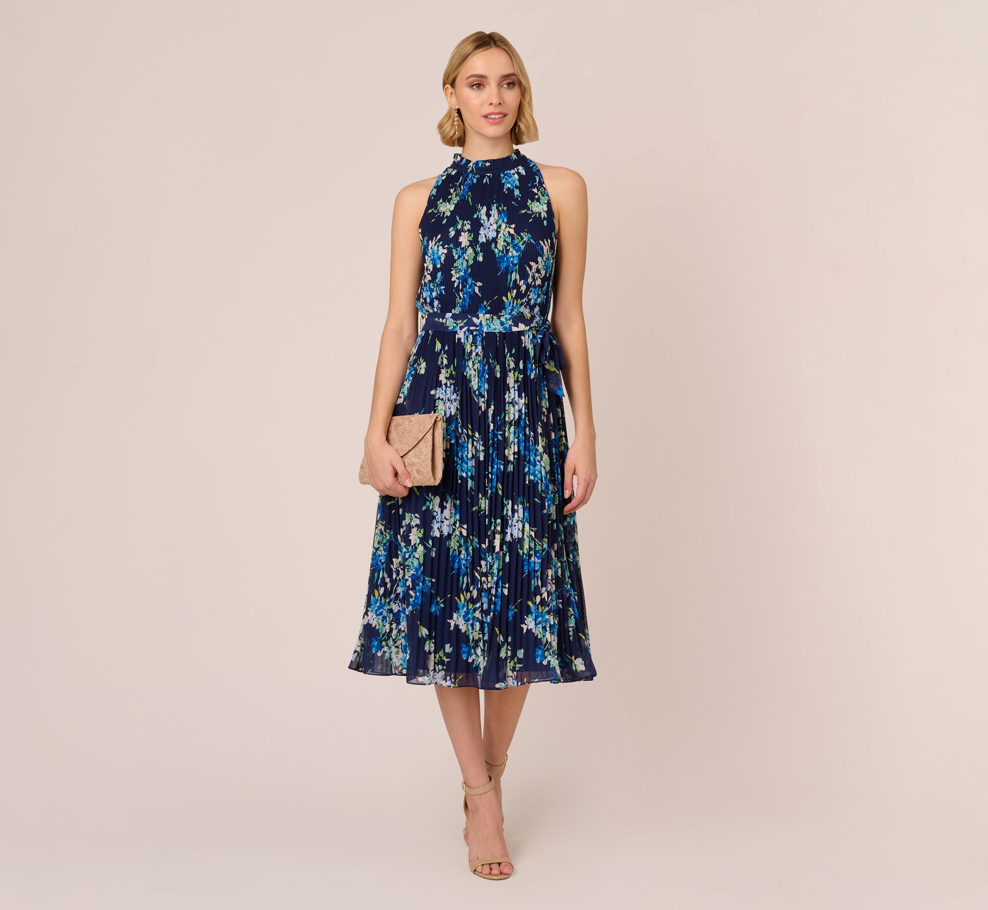 Navy Blue Floral Pleated Chiffon Dress with Mock Neckline - Elegant Women's Party Dress for Wedding, Cocktail, Evening Events & Special Occasions