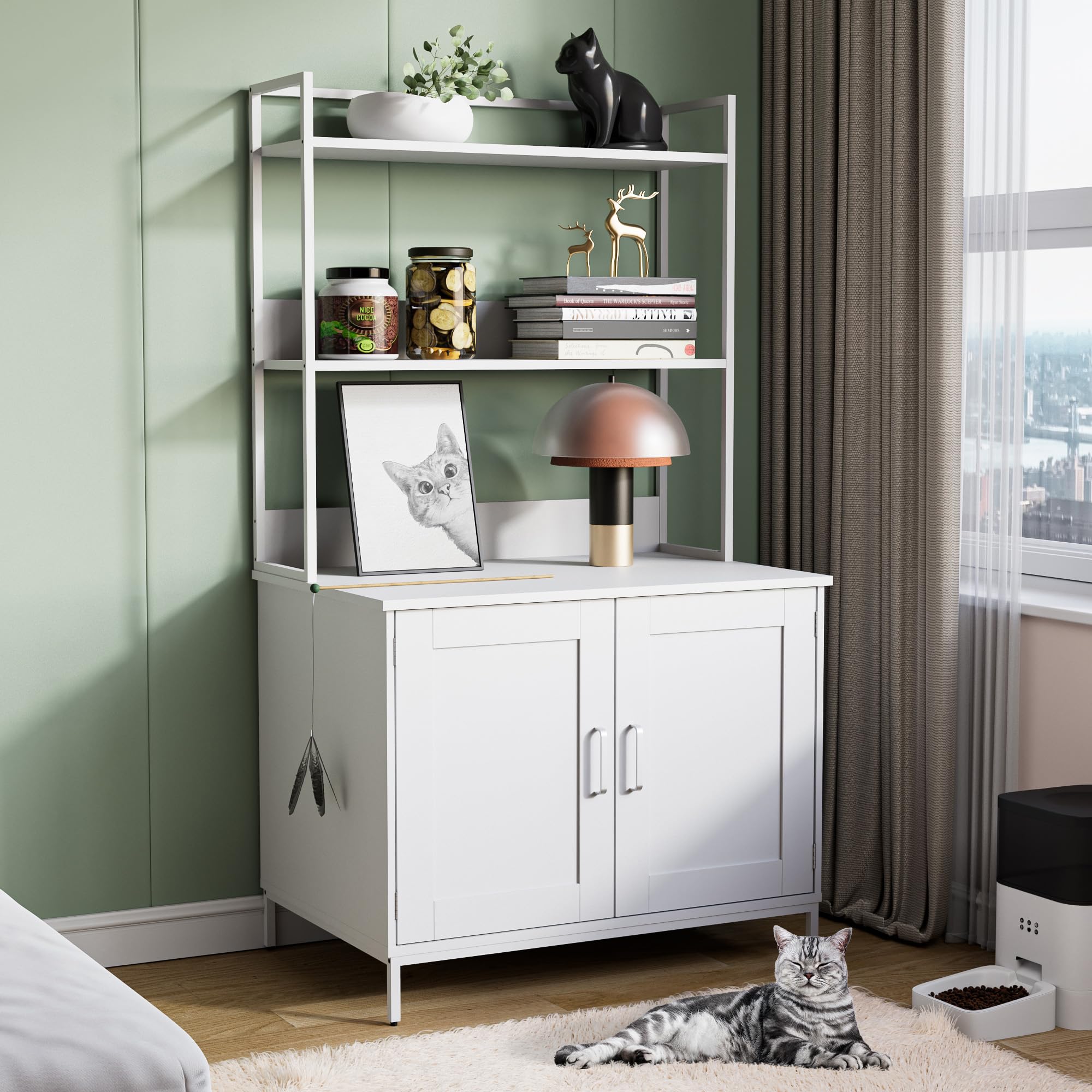 Cozy Castle Cat Litter Box Enclosure Furniture - Hidden Litter Box Cabinet with 2 Storage Shelves & Doors, White Indoor Cat House for Large Litter Boxes | Perfect for Living Room, Bedroom or Home Office Décor