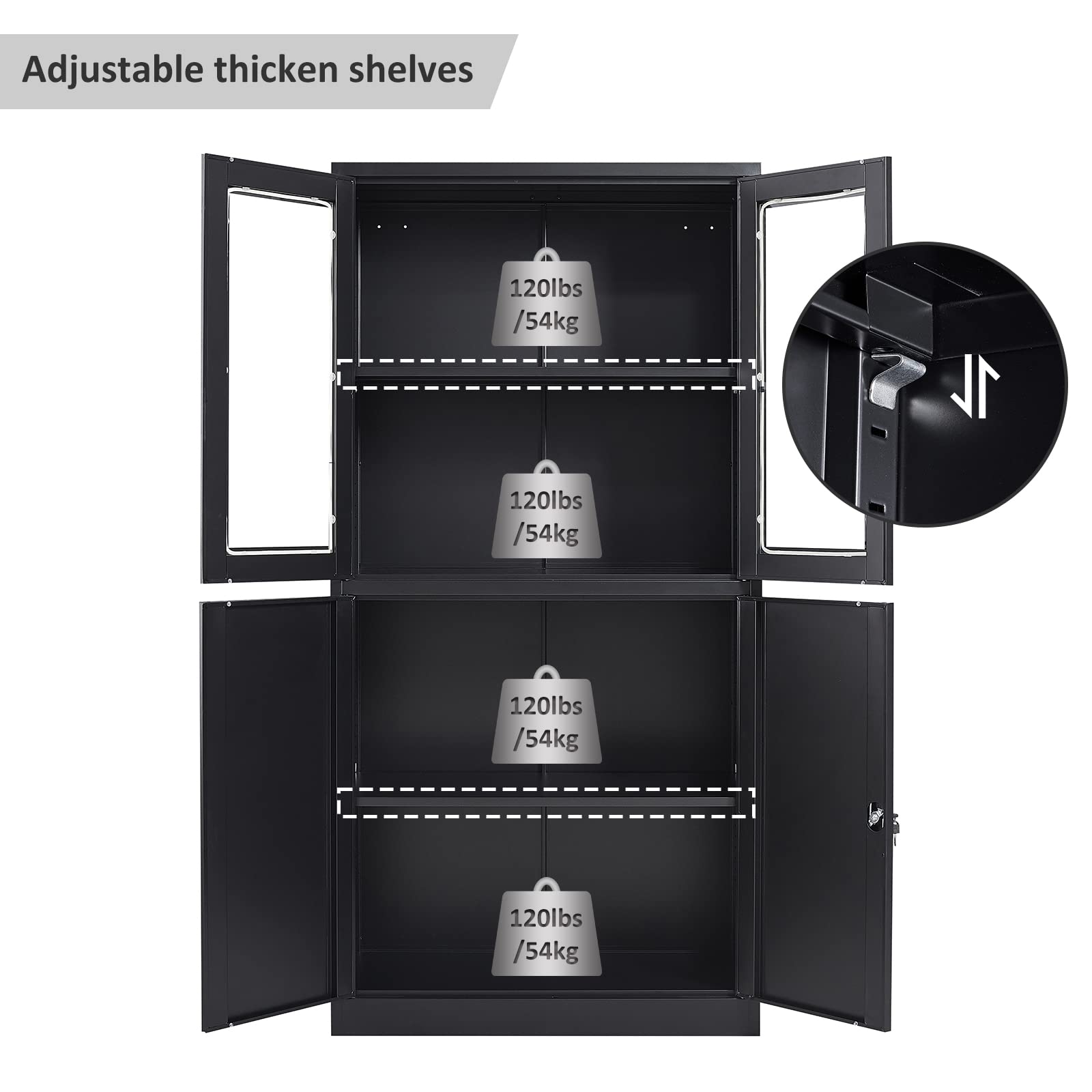 Black Metal Display Cabinet with Glass Doors & Lock - Freestanding Storage Cabinet for Kitchen, Pantry, Bathroom or Home Office - Perfect for Organizing Dishes, Food, Towels & Office Supplies