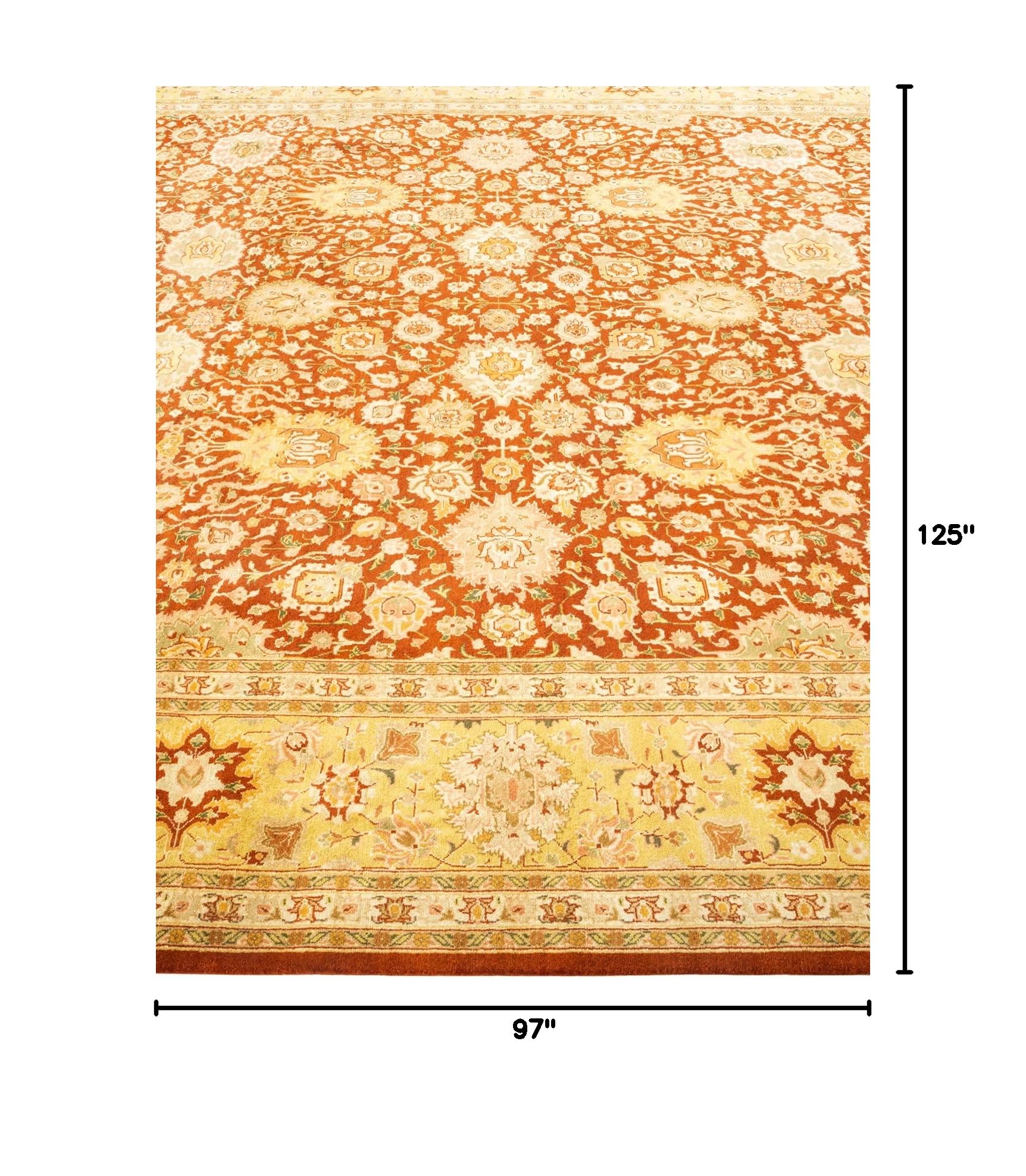 Handmade Wool Oriental Mogul Orange 8x10 Area Rug - Traditional Hand-Knotted One-of-a-Kind Solo Rugs for Living Room, Bedroom & Dining Room Decor