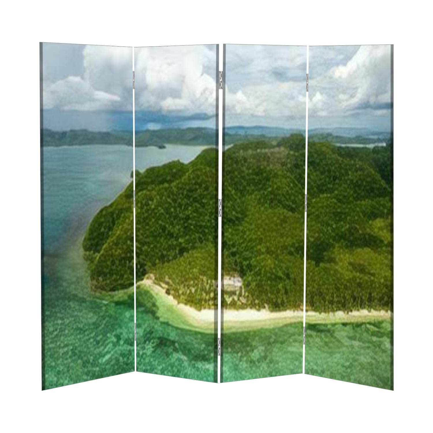 Folding Room Divider Screen Partition - Freestanding Privacy Screen for Indoor & Outdoor Use | Beach House Decor with Pamomoan Beach Siargao Philippines Drone Image | Perfect for Home Office, Living Room, Bedroom Separation and Event Spaces