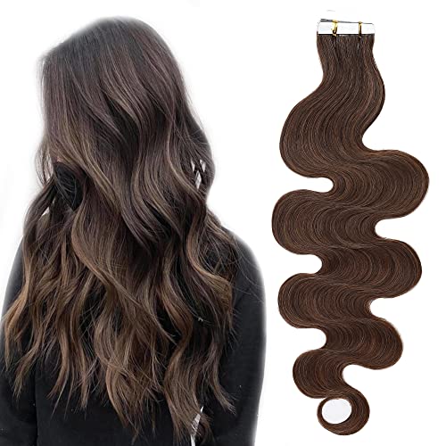 SEGO 22 Inch Tape in Hair Extensions - 100% Remy Human Hair, Wavy, Natural, Seamless Skin Weft, Invisible Rooted, Double Sided Tape, Medium Brown, Body Wave (40pcs/100g) - Perfect for Daily Wear, Parties, Weddings & Special Occasions