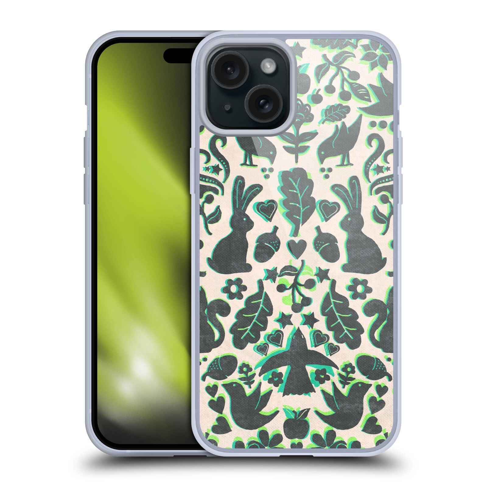 Officially Licensed Micklyn Le Feuvre Two Rabbits Folk Art iPhone 15 Plus Case - Soft Gel Phone Cover with MagSafe Compatibility - Cute Animal Pattern Protective Case for Work, Travel & Everyday Use