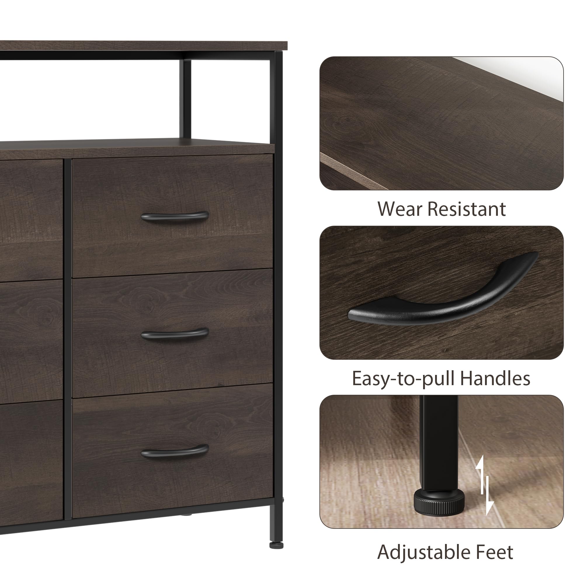 6-Drawer Wood Top Dresser with Fabric Storage Bins - Dark Brown Chest of Drawers for Bedroom, Closet & Kids Room Organization | Perfect as TV Stand, Clothes Storage & Home Decor