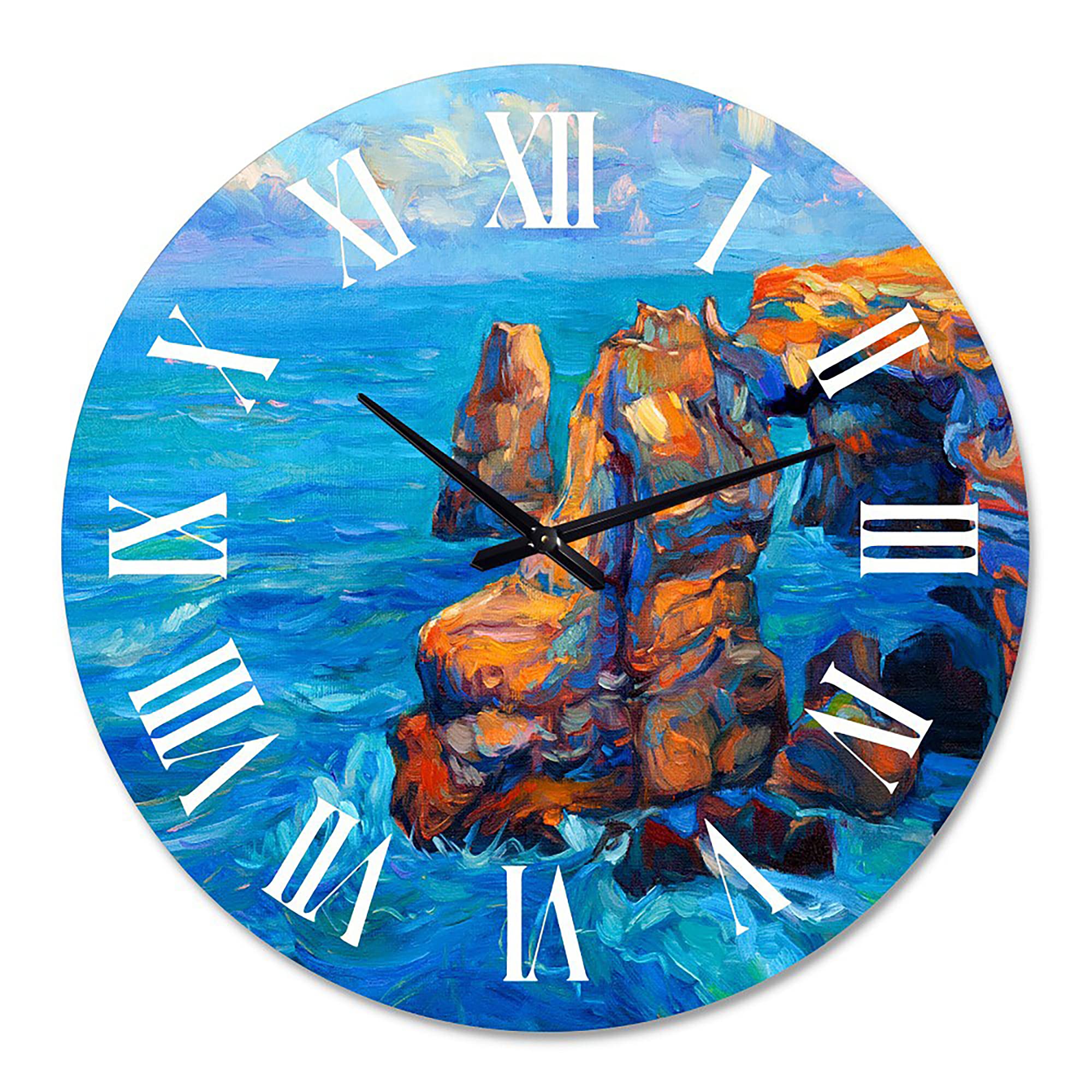 DesignQ Nautical Coastal Wall Clock - 'Cliffs by The Blue Ocean' Round Decorative Clock for Beach House, Living Room & Office Decor | Perfect for Coastal, Farmhouse & Boho Home Styles