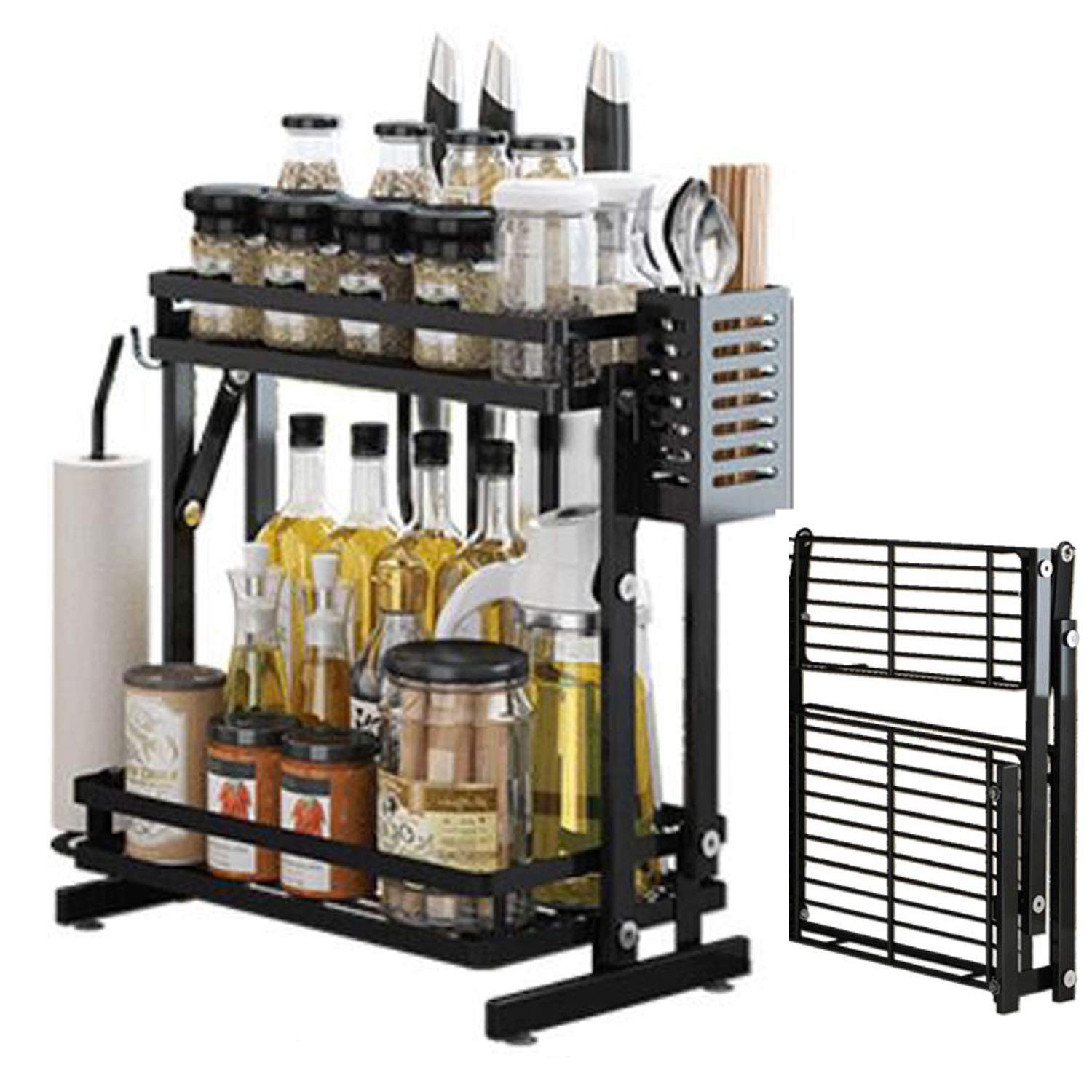 3-Tier Stainless Steel Kitchen Countertop Organizer - Foldable Spice Rack, Knife Holder & Utensil Storage Shelf | Space-Saving Cabinet Organizer for Spices, Cutlery & Paper Towels | Perfect for Small Kitchens & Apartment Living