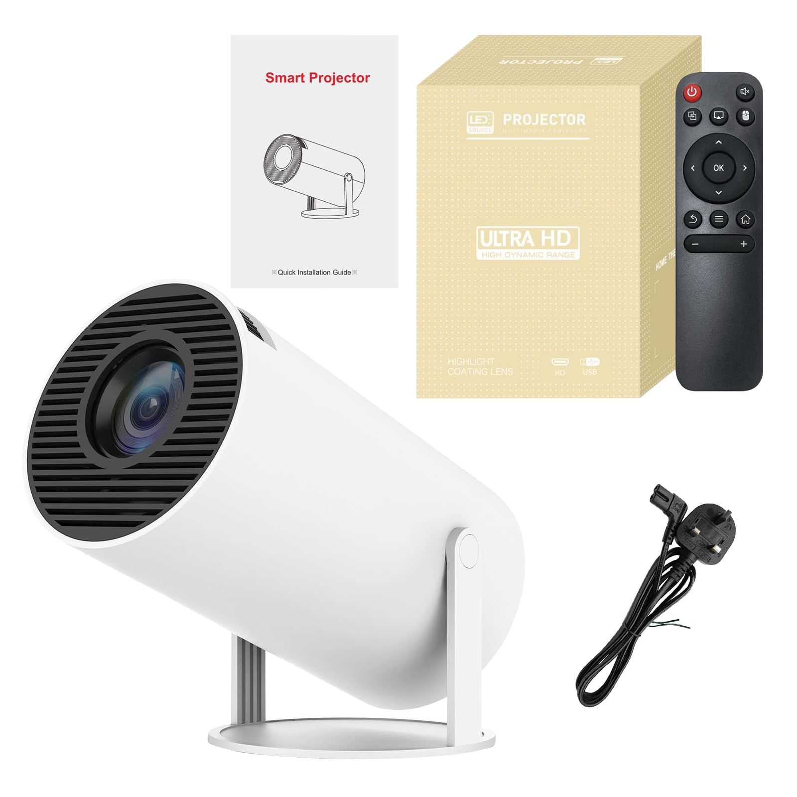 4K Mini Projector 1080P Support, Portable WiFi6 BT 5.0 Android 11 Smart Projector with Auto Horizontal Correction - 180° Rotatable Outdoor Movie Projector for Phone, Home Theater, Camping & Backyard Entertainment (White, 160ANSI)
