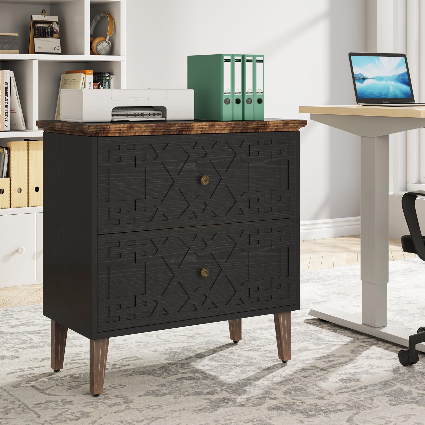 Tribesigns 2-Drawer Lateral File Cabinet - Wooden Office Storage Cabinet for A4/Letter/Legal Size Files - Printer Stand for Home Office & Living Room - Black - Perfect for Organizing Documents & Saving Space