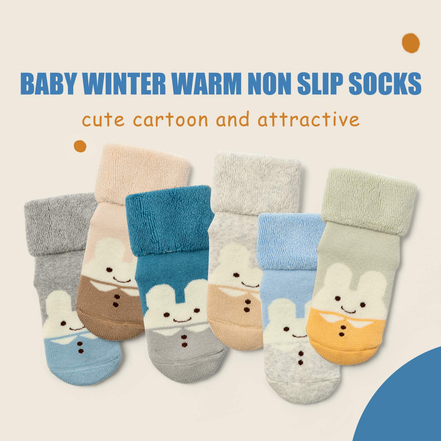 Non-Slip Baby Socks for Boys & Girls - 6 Pack Warm Winter Socks with Anti-Skid Grips for Crawling, Walking & Indoor/Outdoor Play