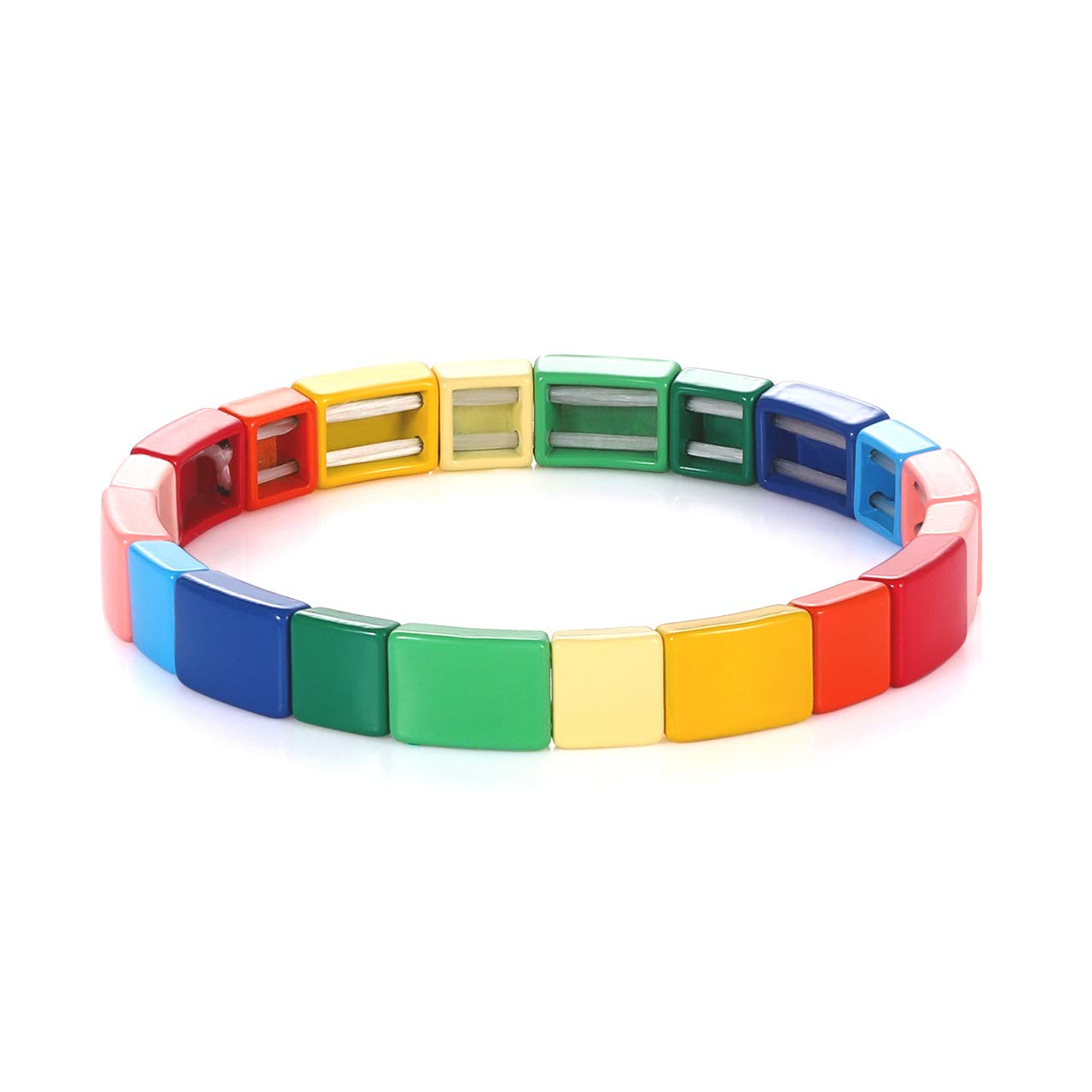 **Colorful Enamel Tile Beaded Bracelet for Women - Bohemian Rainbow Stretch Bracelet, Handmade Stackable Tile Jewelry for Casual Wear, Festival, and Boho Fashion**