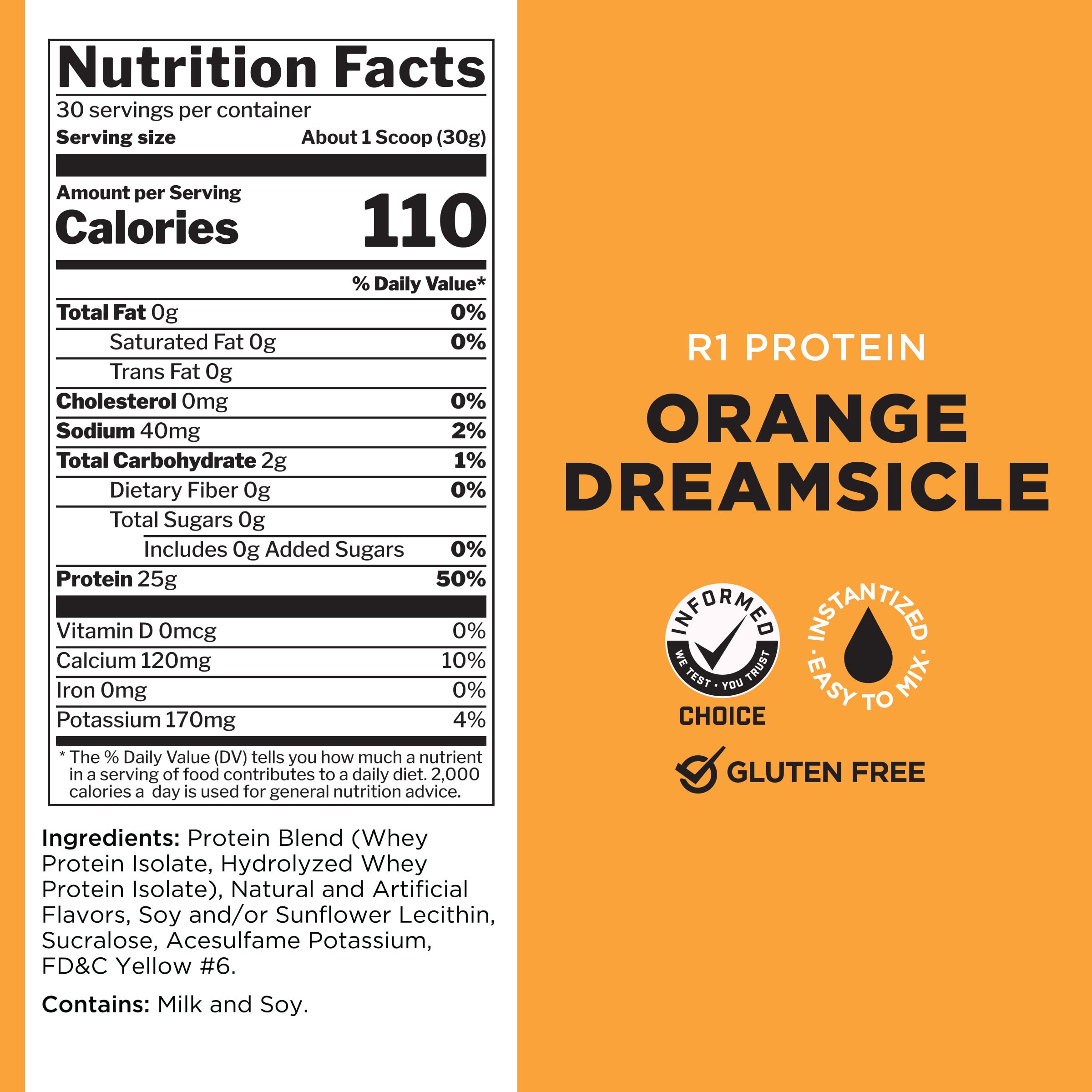 Rule One Proteins R1 Protein Powder - 25g Fast-Acting, Super-Pure 100% Whey Isolate & Hydrolysate with 6g BCAAs (2lb, Orange Dreamsicle Flavor) for Post-Workout Recovery & Muscle Growth