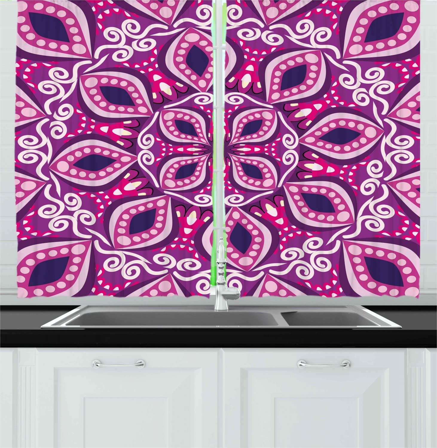 Ambesonne Floral Long Kitchen Curtains - Trippy Flower Pattern with Modern Lace & Dots Victorian Swirls Print, 2 Panel Drapes with Rod Pocket, 55