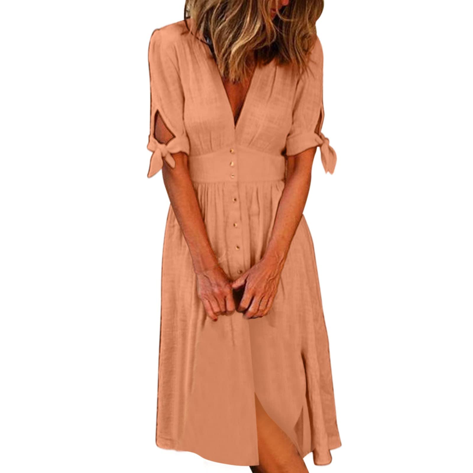 Elegant V-Neck Short Wrap Dress for Women - Half Sleeve Casual Summer Dress, Loose Midi Skirt for Office, Date Night & Vacation Wear