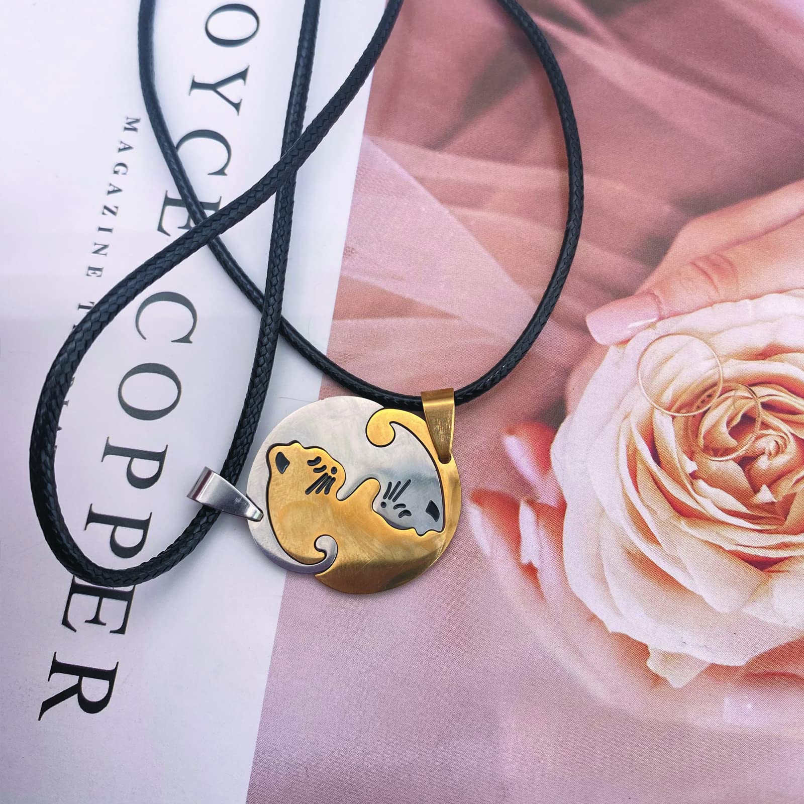 2PCS Stainless Steel Cat & Dog Couple Necklace Set - Yin Yang Friendship Pendant for Him & Her - Perfect for Anniversaries, Valentine's Day & Matching Gifts (Gold Cat Design)