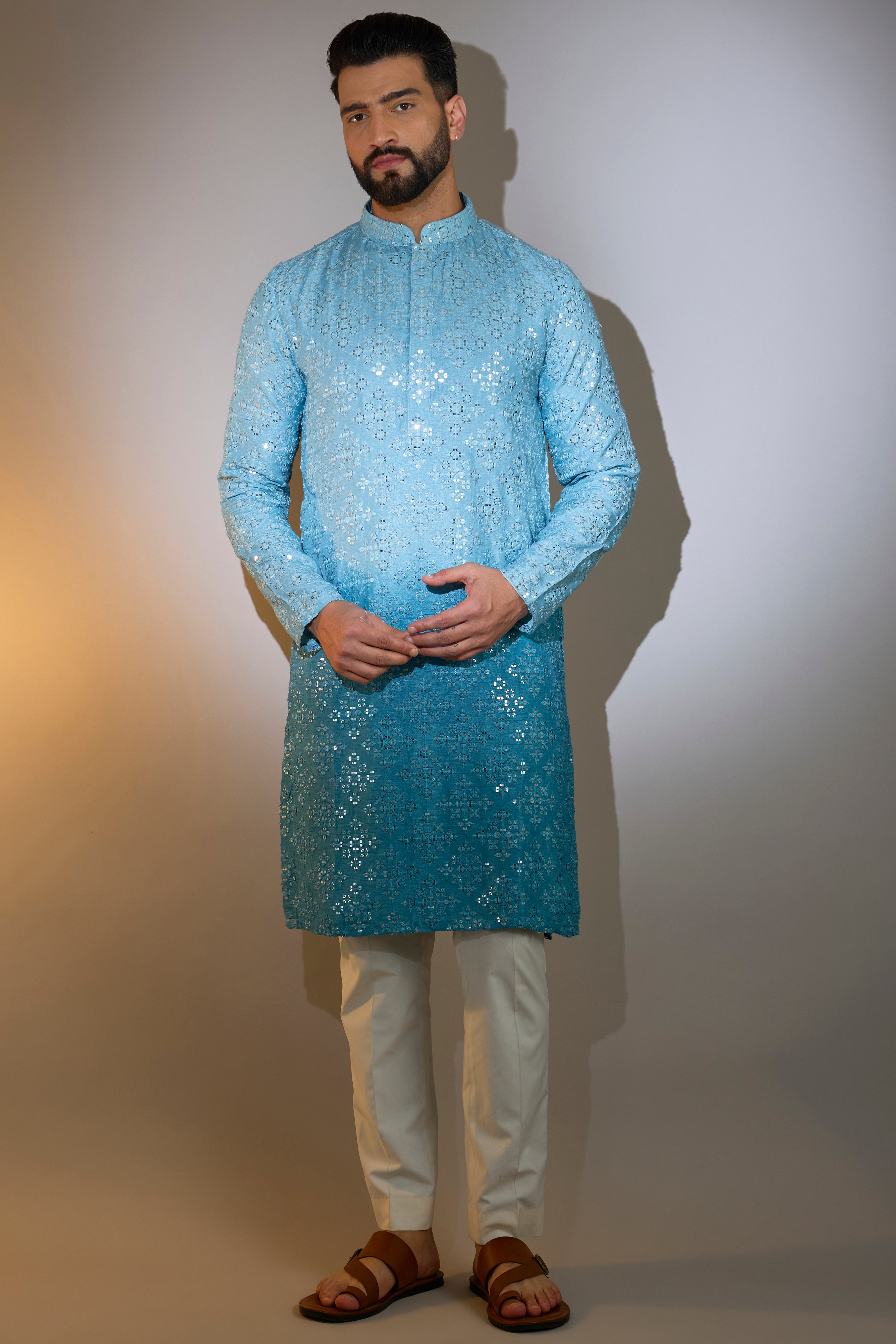 Ombre Shaded Blue Mirror Work Kurta - Traditional Indian Embroidered Tunic for Women - Perfect for Festivals, Weddings & Ethnic Parties
