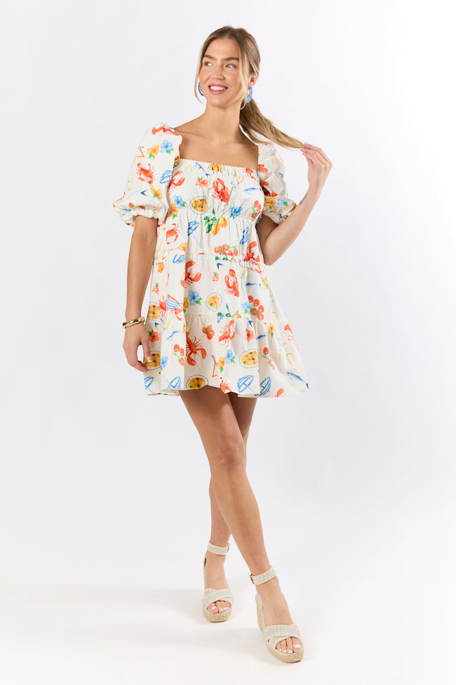 White Multi Icon Print Mini Dress - Trendy Casual & Party Outfit for Women | Perfect for Summer, Beach, and Night Out