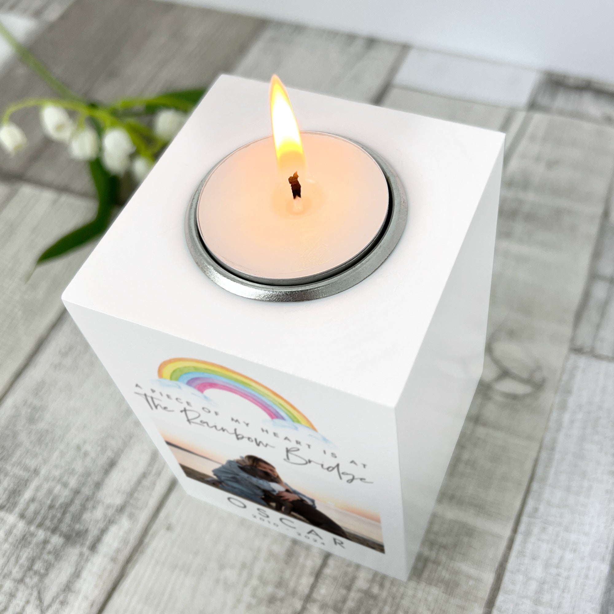 Personalized Watercolor Rainbow Pet Memorial Photo White Tea Light Holder - Perfect for Pet Loss Remembrance, Memorial Gifts, and Candlelight Tributes