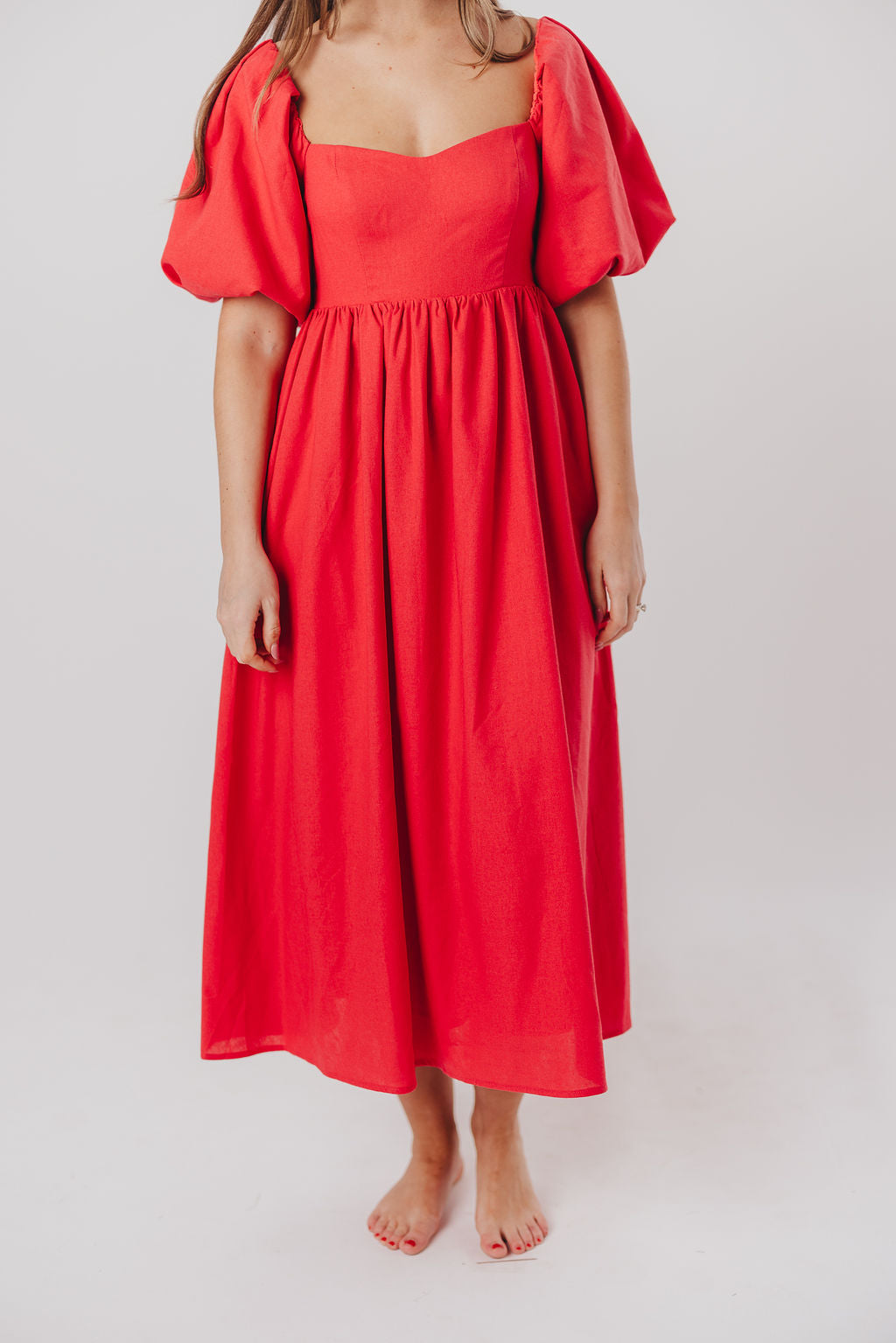 Hamilton Midi Dress in Red - Bump Friendly Maternity Dress (S-XL) | Flowy Summer Dress for Pregnancy, Baby Shower & Special Occasions