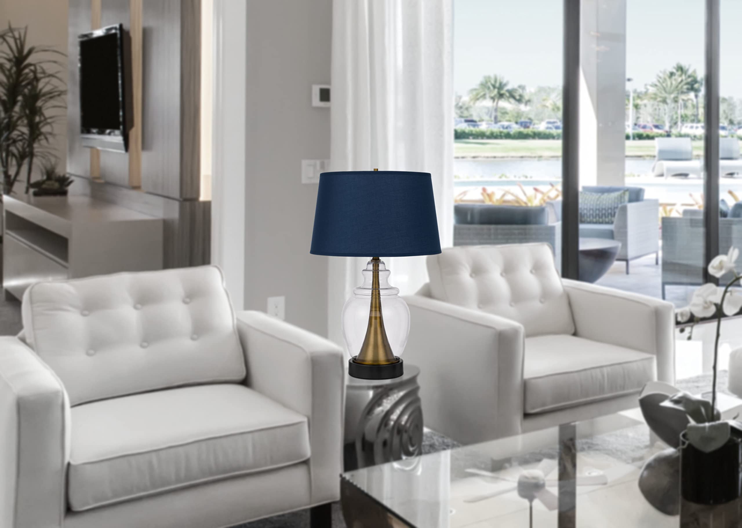 Cal Lighting BO-3002TB Cupola Glass and Metal Table Lamp with Clear Base & Navy Fabric Shade in Antique Brass Finish - Perfect for Bedroom Nightstand, Living Room End Table or Office Desk Lighting