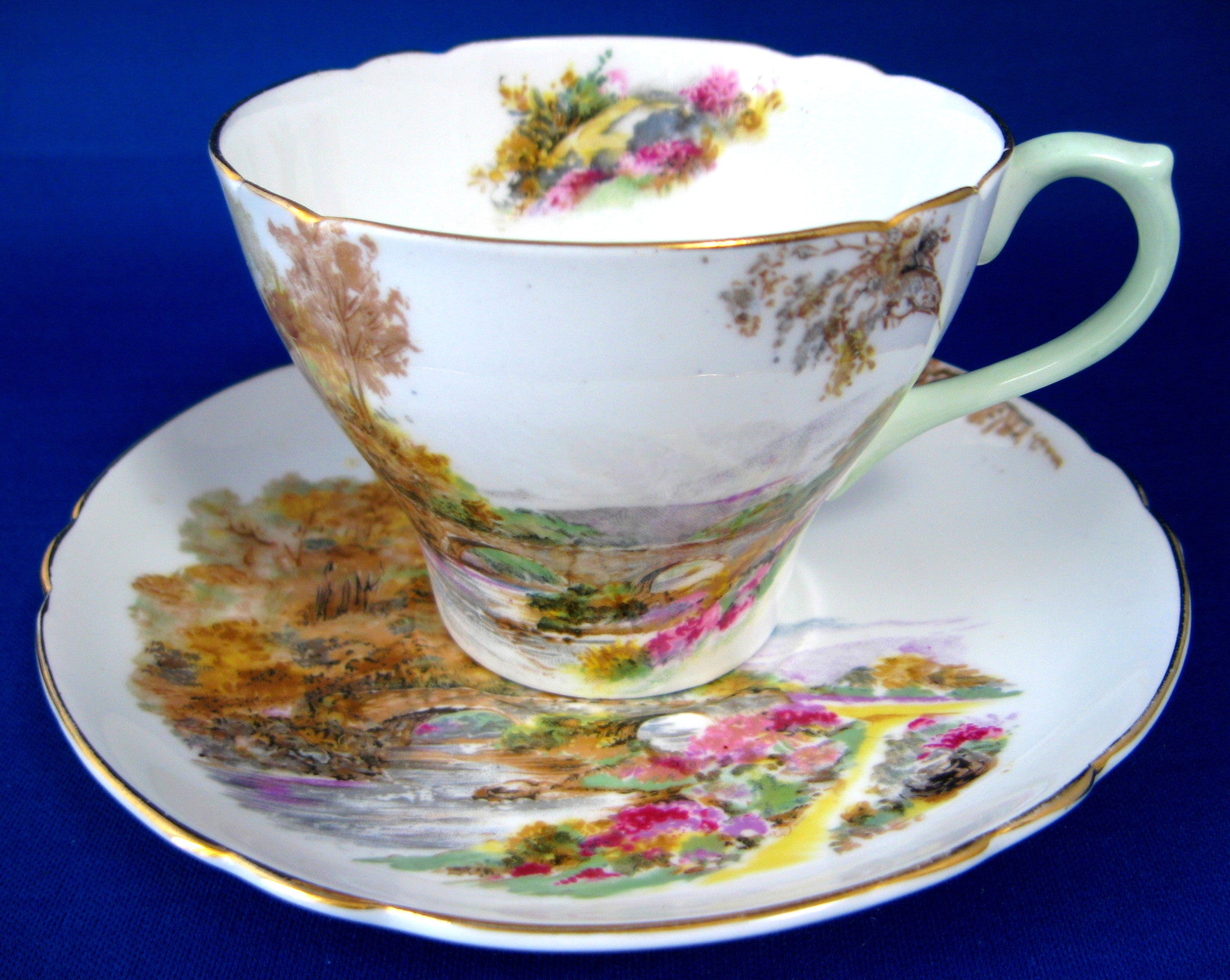 Vintage Shelley Heather Cup and Saucer Set - New Cambridge England Floral Landscape Design, 1940s Retro Tea Set for Afternoon Tea & Collectors