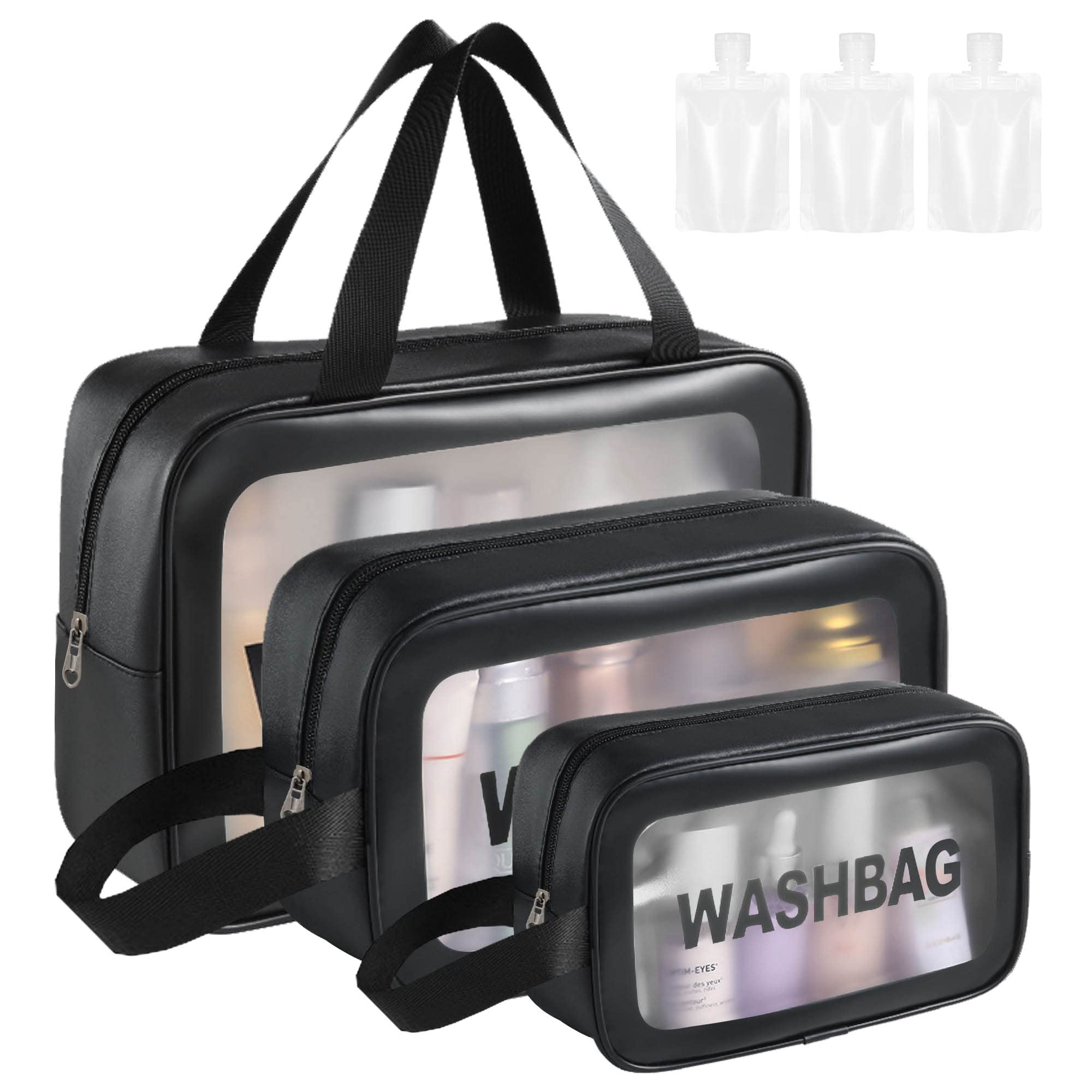 **3-Pack Clear Travel Toiletry Bags - Waterproof Cosmetic Organizer for Makeup, Toiletries & Essentials - Portable Wash Bag for Men, Women & Kids (Black) - Perfect for Air Travel, Gym & Camping**