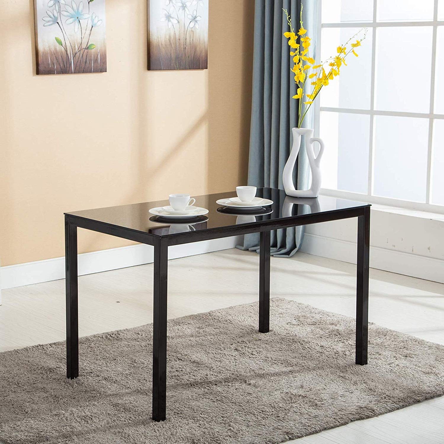 Modern Minimalist Glass Dining Table with Metal Legs - 47 Inch Rectangular Kitchen Table for 4-6 People, Black | Perfect for Small Spaces, Apartments & Contemporary Dining Rooms