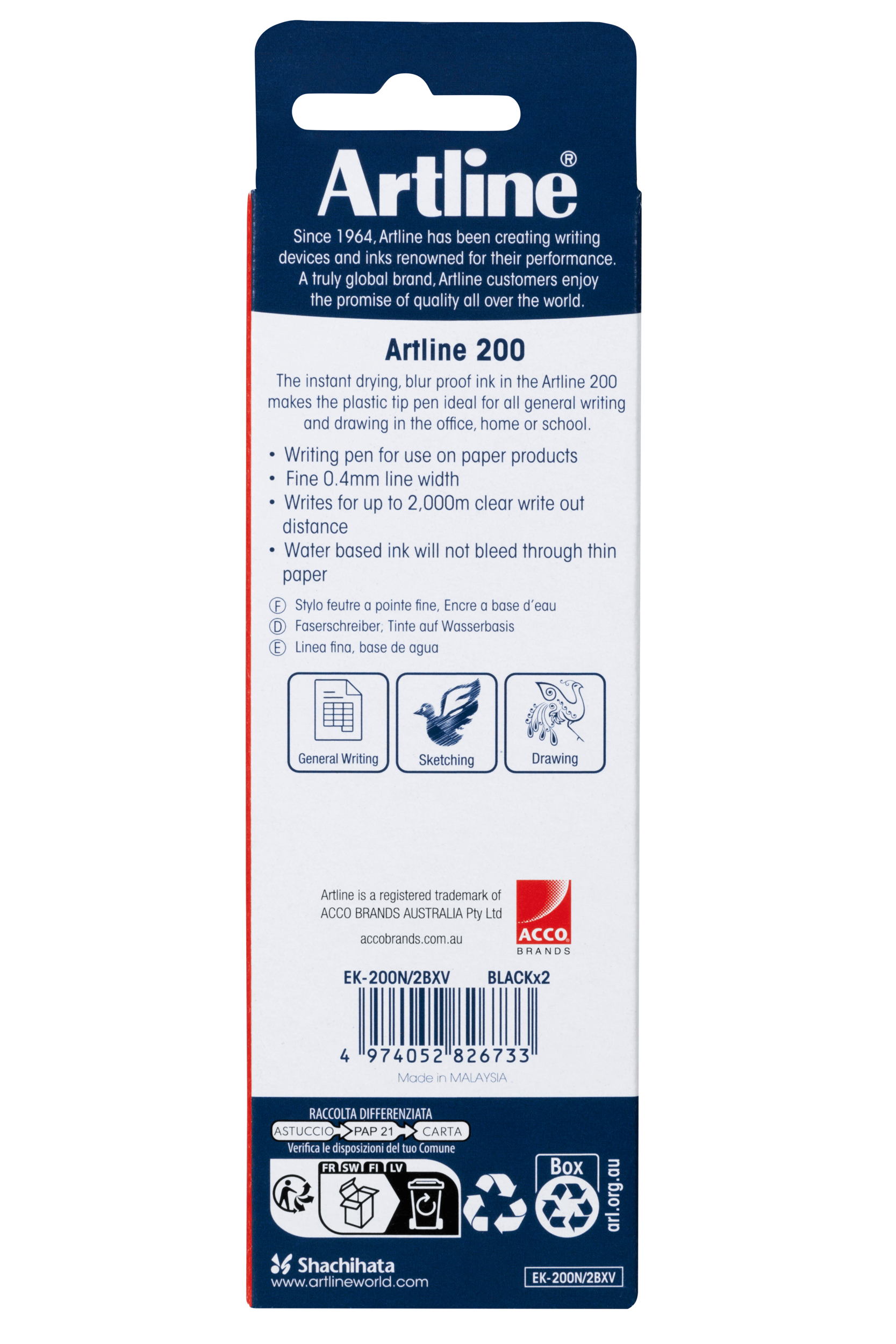 Artline 200 Fineliner Pen - Ultra Fine 0.4mm Black Marker - 2 Pack Set for Sketching, Journaling & Note Taking - Perfect for Artists, Students & Office Use