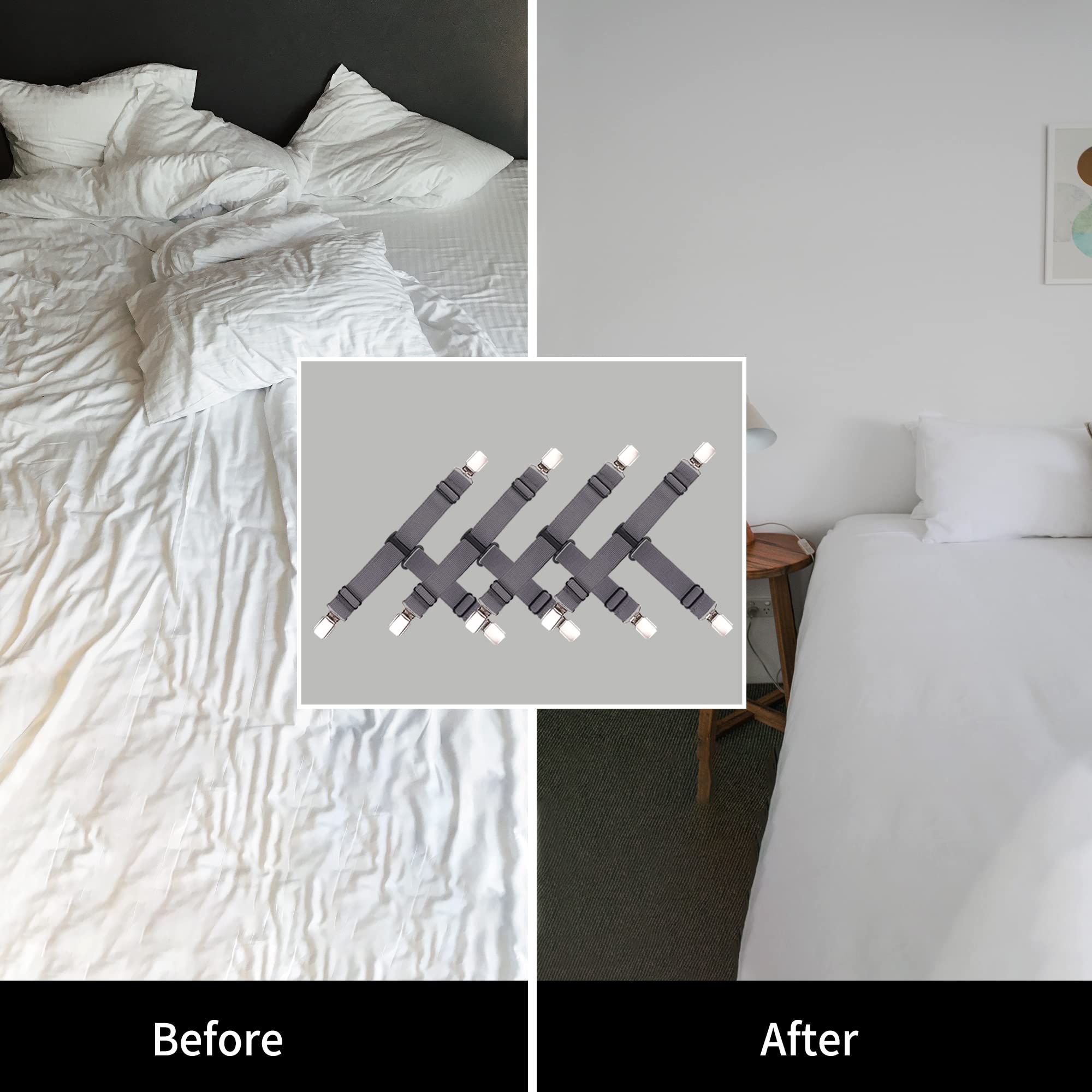 **4-Pack Premium Fitted Sheet Straps - Heavy Duty Bed Sheet Clips for Secure Hold - Grey Sheet Suspenders - Perfect for Deep Pocket Sheets & Adjustable Beds**    *(Ideal for keeping sheets snug on mattresses, preventing slips during sleep, and organizing bedding in homes, hotels, or RVs.)*