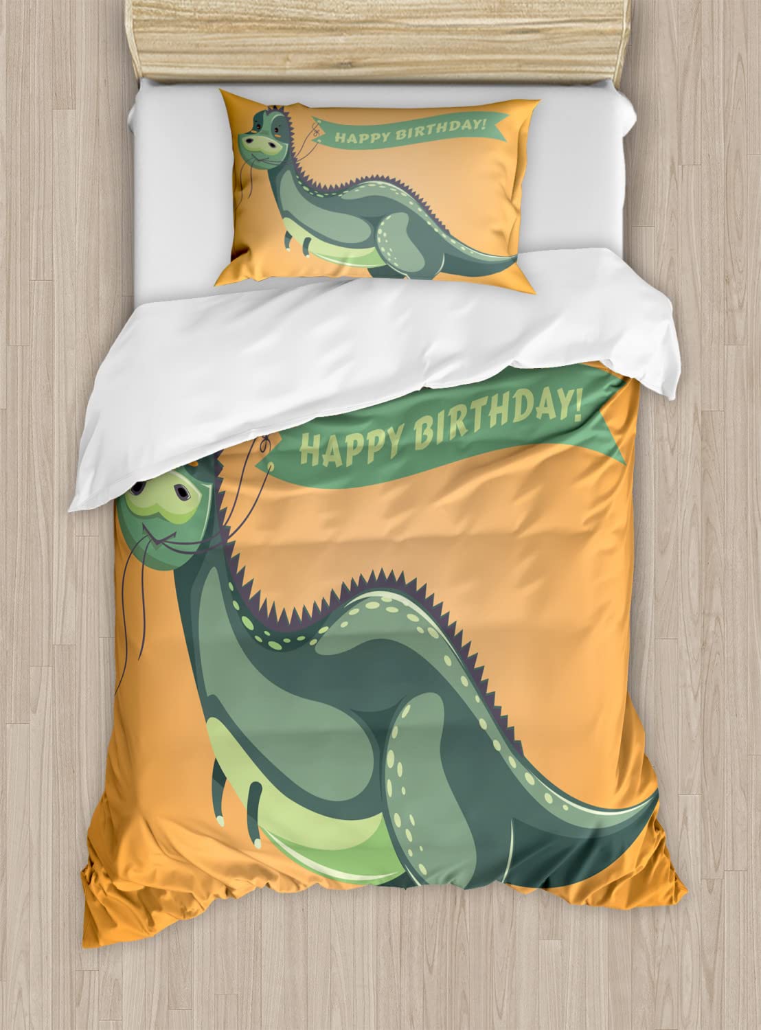 Ambesonne Funny Dinosaur Birthday Duvet Cover Set - Cartoon Style Dinosaur Holding Ribbon Design, 2-Piece Twin Size Bedding Set with 2 Duvet Covers & 2 Pillowcases in Green, Pale Green & Orange - Perfect for Kids' Birthday Parties, Bedroom Decor & Gift Giving
