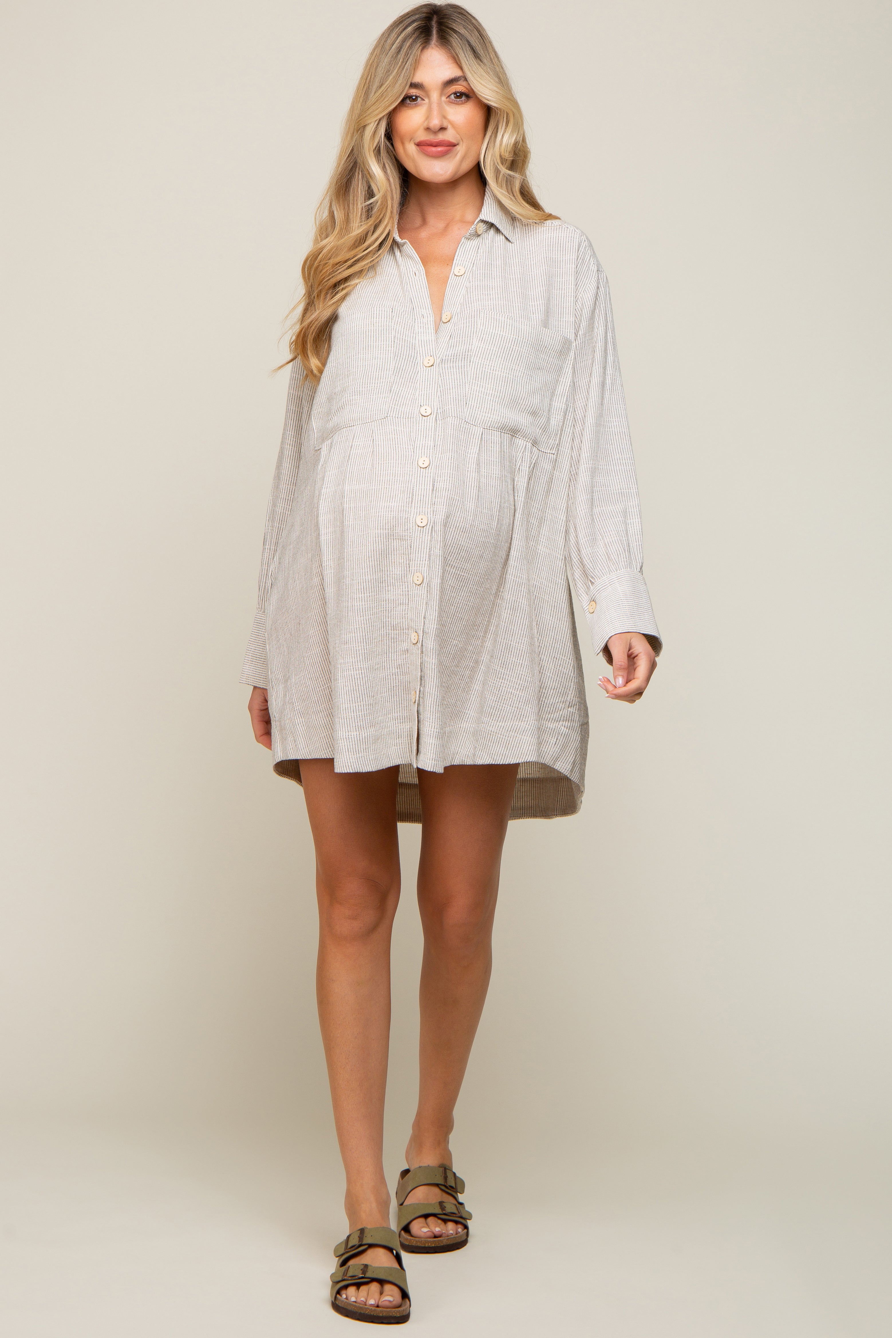 Beige Striped Button Down Maternity Shirt Dress for Women - Comfortable Pregnancy Outfit for Work, Casual & Special Occasions