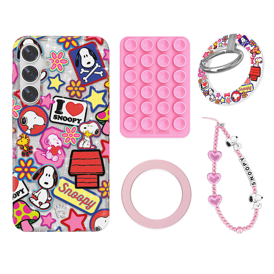Snoopy Patchwork Glitter Galaxy Phone Grip Bundle Set - Cute Cartoon Character Non-Slip Phone Holder for iPhone Samsung - Perfect for School, Work, Travel & Everyday Use