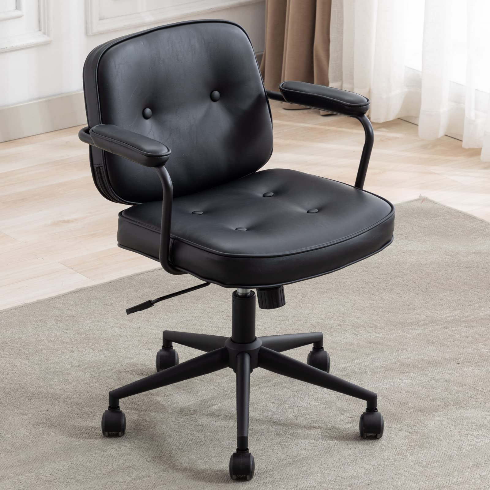 LukeAlon Adjustable PU Leather Office Chair - 360° Swivel Ergonomic Desk Chair with Armrests, Thickened Seat & Tilt Function for Home Office, Study or Gaming - Modern Button Tufted Computer Chair in Black
