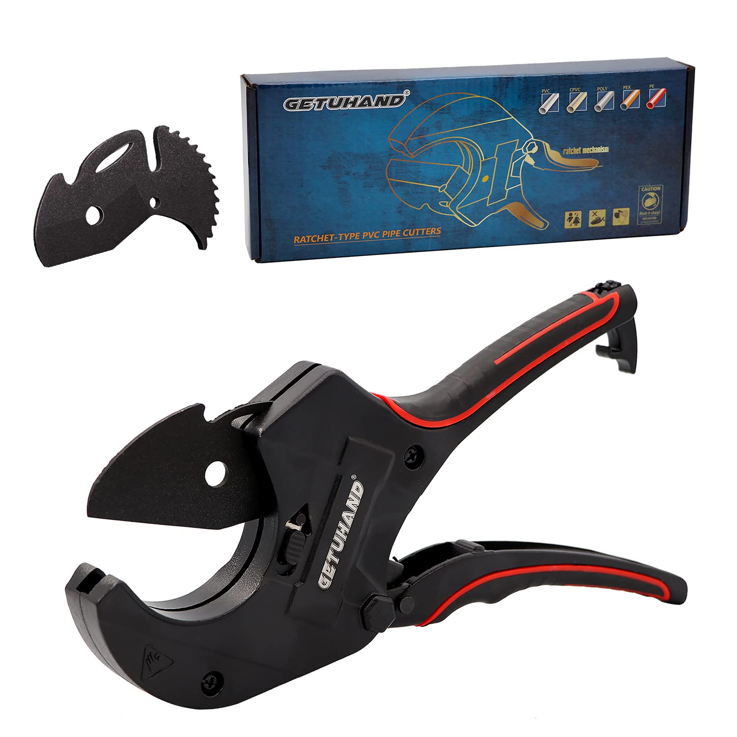GETUHAND Ratchet-Type PVC Pipe Cutter - Cuts up to 2-1/2 Inch Plastic Pipes - One-Hand Operation with Quick Change Blade System & Replacement Blade - Ideal for Plumbing, DIY Projects, and Home Repairs - Perfect Tool Gift for Men