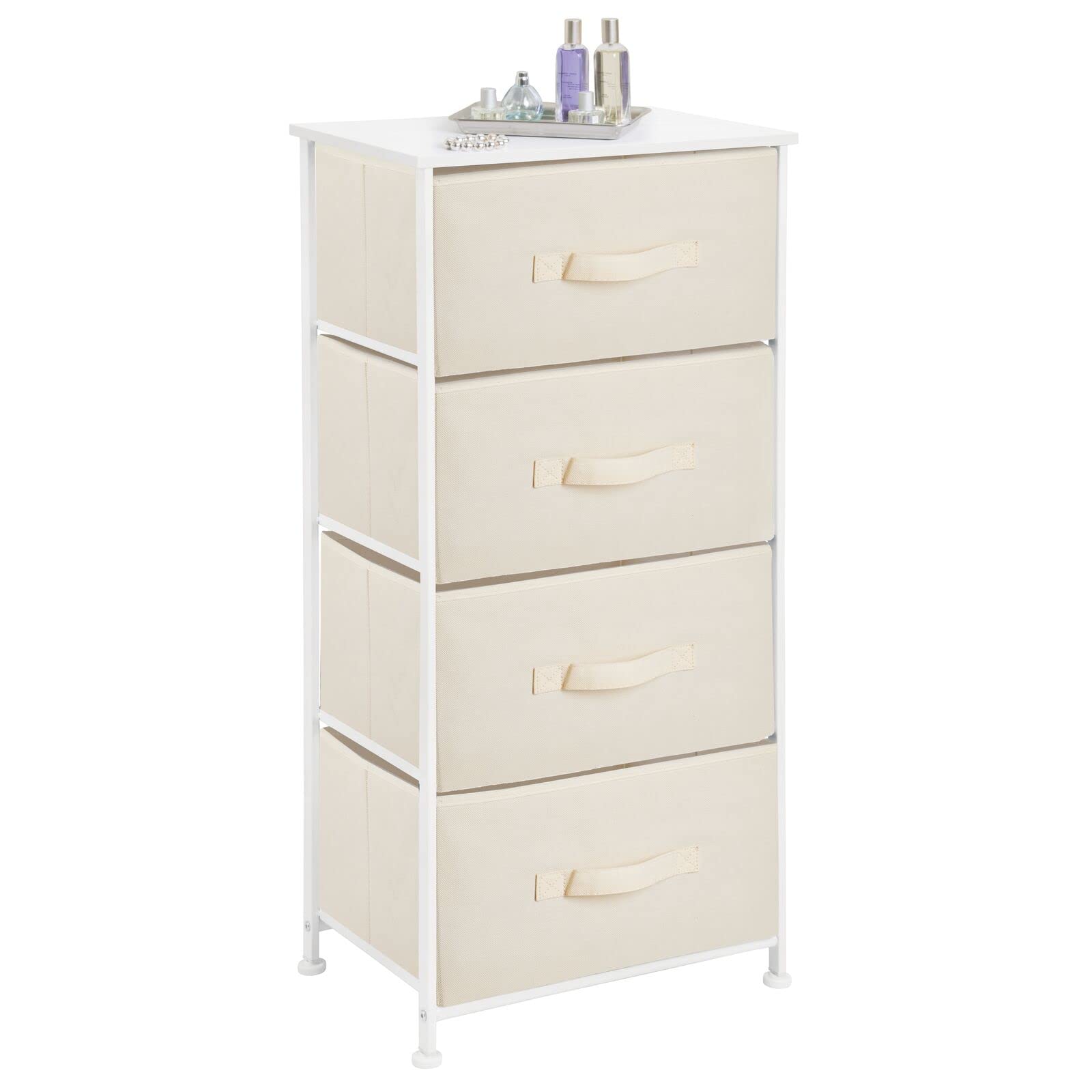 mDesign 4-Drawer Fabric Storage Tower Organizer - Steel Frame & Wood Top Dresser for Bedroom, Closet, Entryway - Jane Collection in Cream/White | Perfect for Small Space Organization & Home Decor