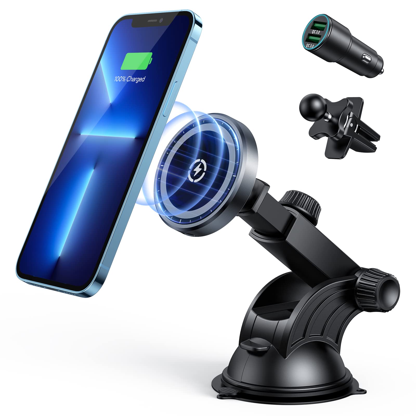 15W Magnetic Wireless Car Charger with Auto-Lock | MagSafe Compatible Car Mount for iPhone 14/13/12 Series | Fast Charging Dashboard & Air Vent Holder | Includes QC 3.0 Car Charger | Perfect for Commuting, Road Trips & Hands-Free Navigation