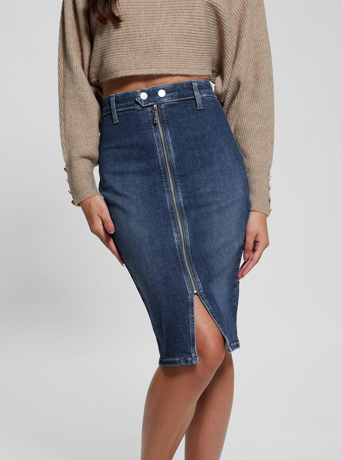Blue Denim Flo Midi Skirt for Women - Vintage Washed Denim A-Line Skirt with Side Slits | Perfect for Casual Outings, Date Nights & Summer Fashion