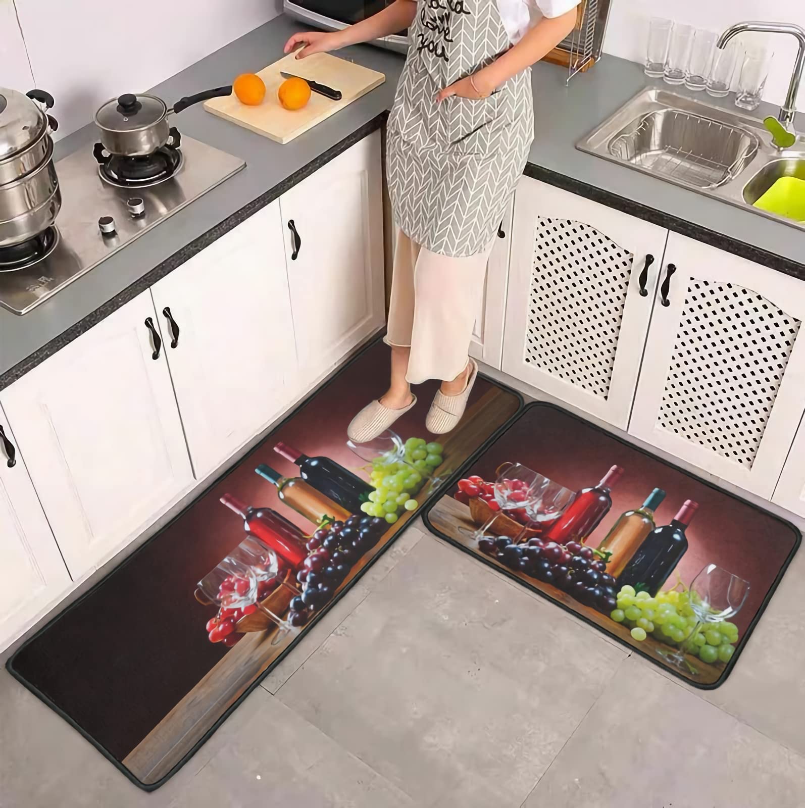 2-Piece Non-Slip Washable Microfiber Kitchen Rug Set - 3D Wine Glass Design Absorbent Floor Mat (17